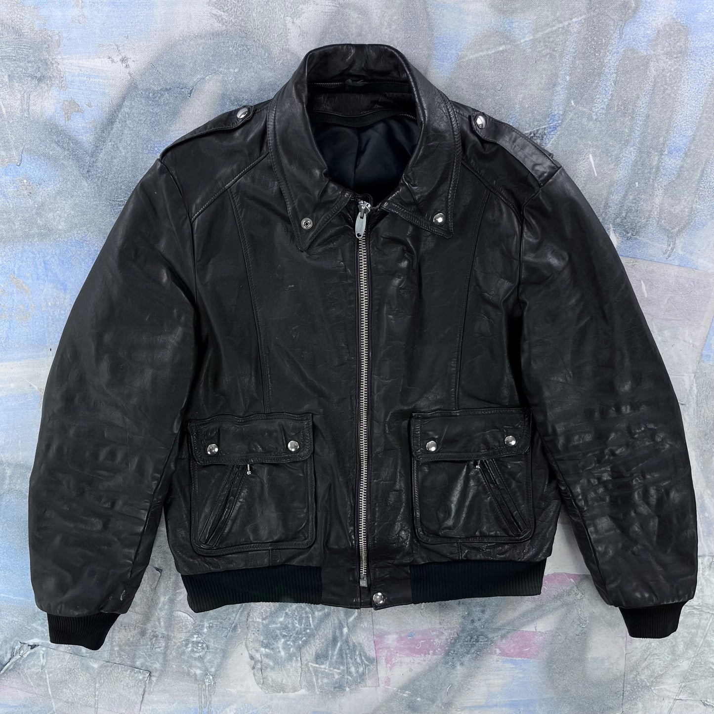 Vintage 80s Drospo Leather Aviator Bomber Zip Jacket L
