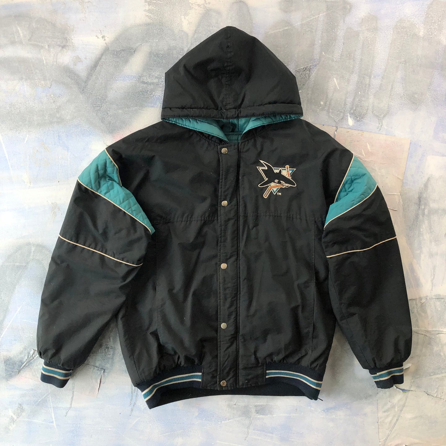 Vintage Starter NHL San Jose Sharks Puffer Zip Button Hooded Jacket S