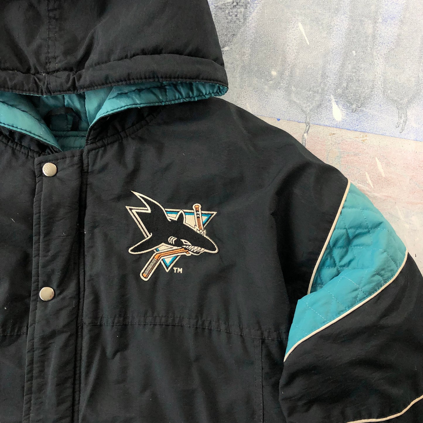 Vintage Starter NHL San Jose Sharks Puffer Zip Button Hooded Jacket S