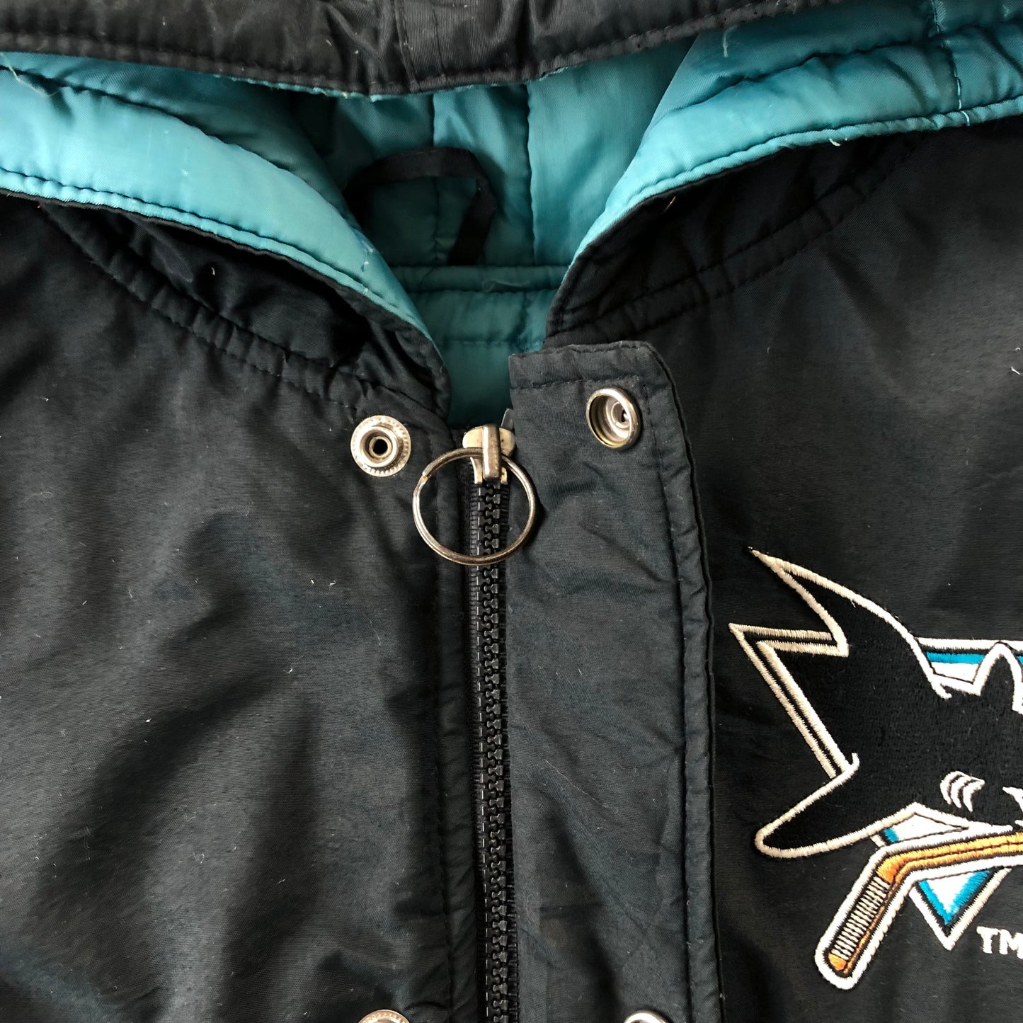 Vintage Starter NHL San Jose Sharks Puffer Zip Button Hooded Jacket S