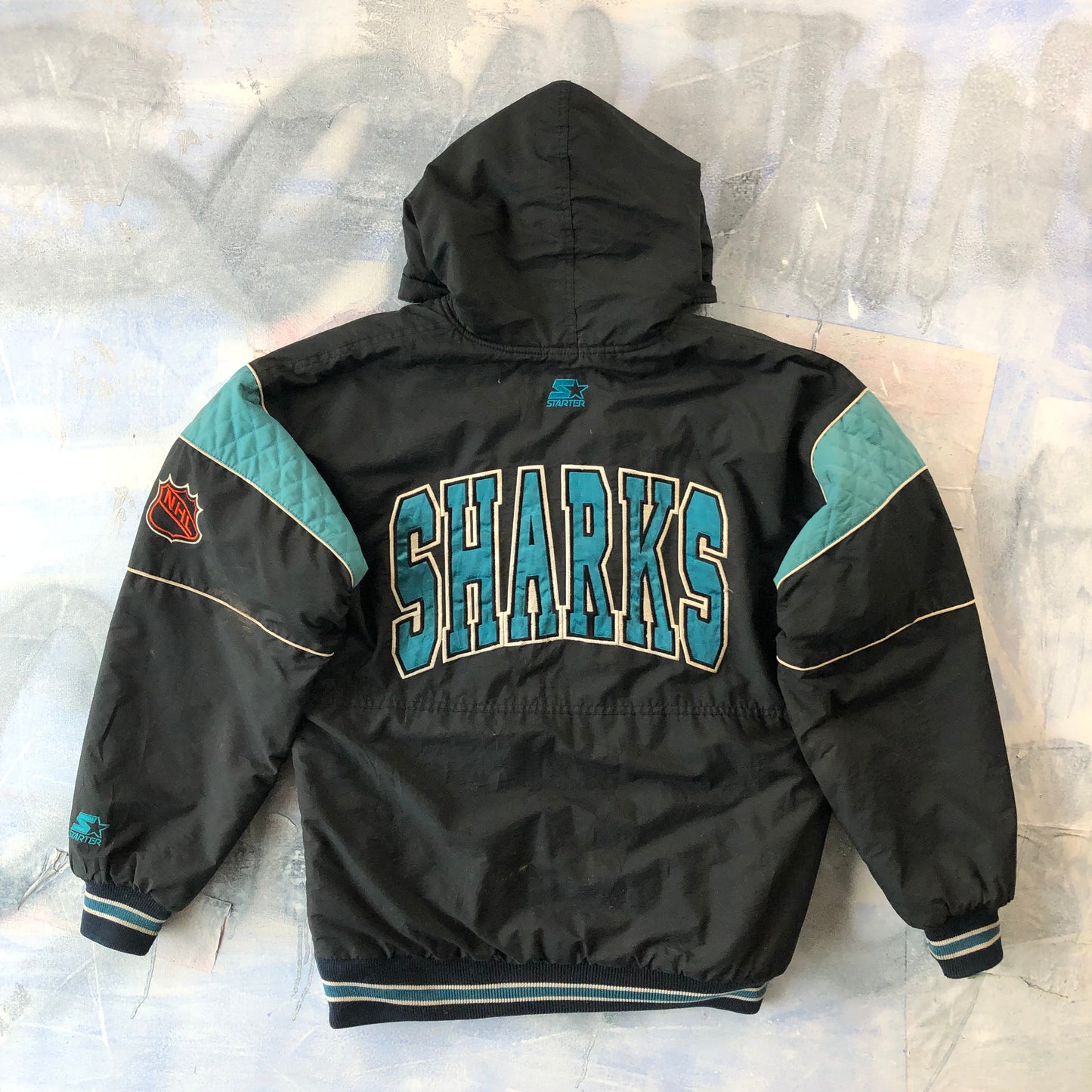 Vintage Starter NHL San Jose Sharks Puffer Zip Button Hooded Jacket S