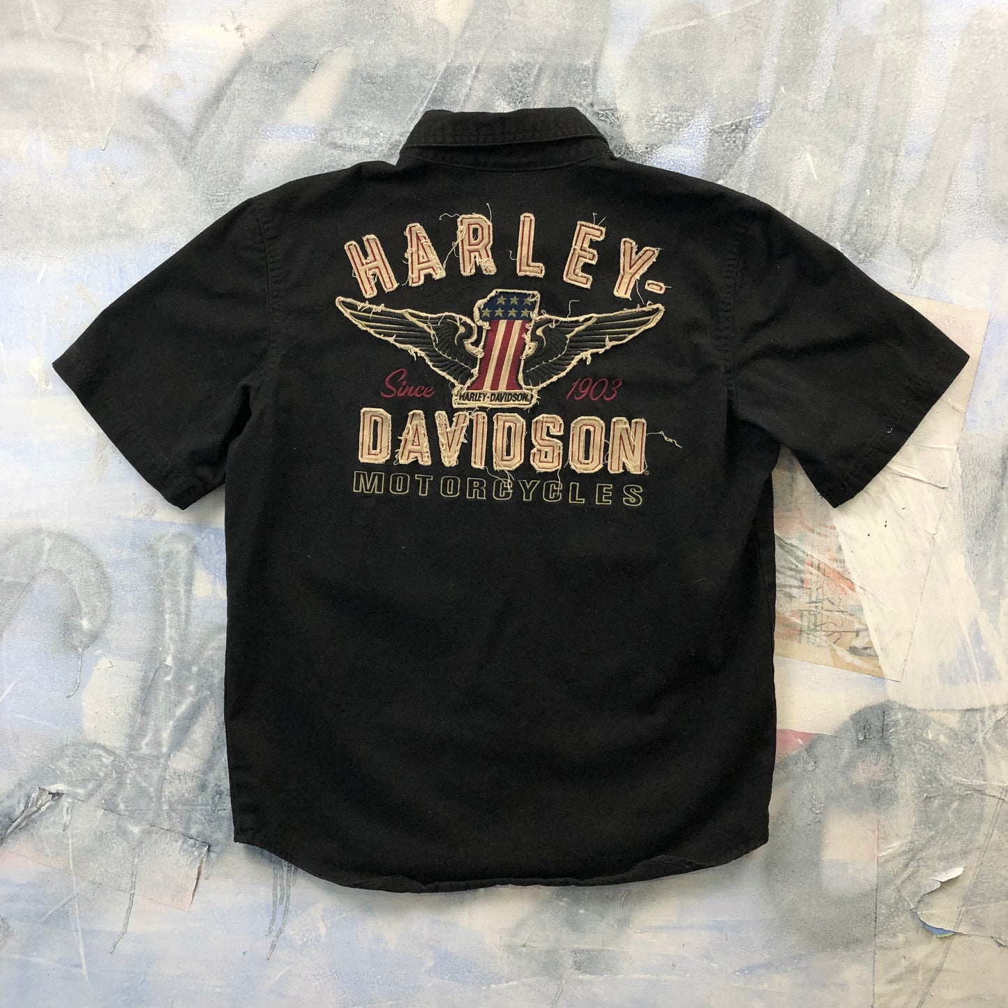 Vintage Harley Davidson Motorcycles Embroided Number One Wings Button Shirt M