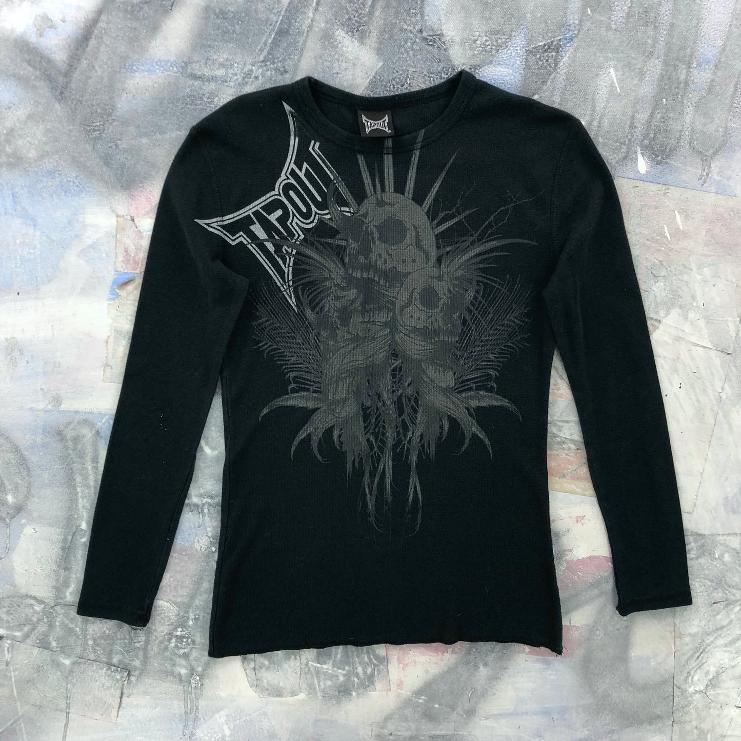 Vintage Y2K MMA Tapout Skull Long Sleeve Waffel Knit Shirt S