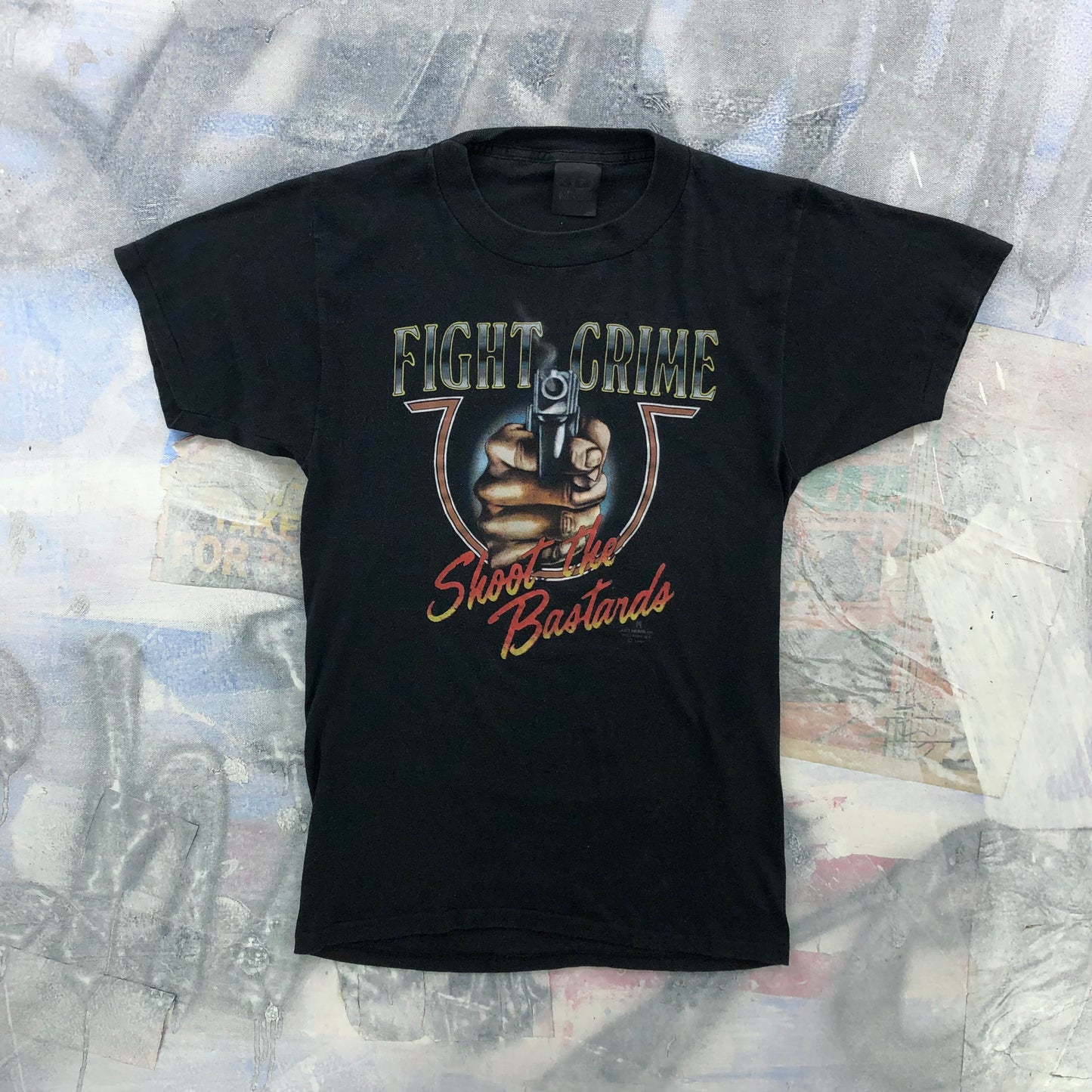 Vintage 80s USA 3D Emblem Fight Crime Shoot The Bastards Single Stitch T Shirt S