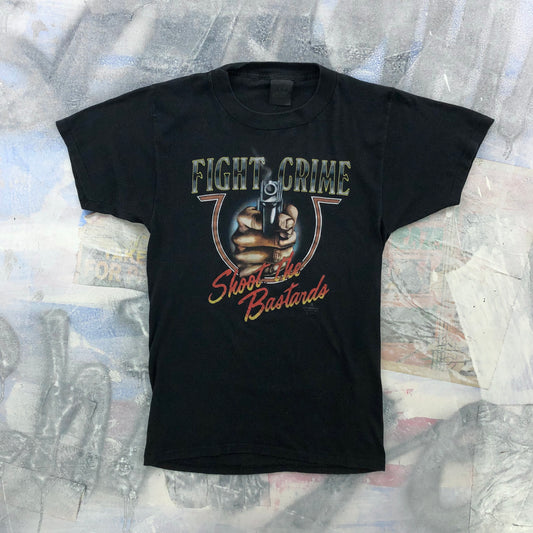 Vintage 80s USA 3D Emblem Fight Crime Shoot The Bastards Single Stitch T Shirt S