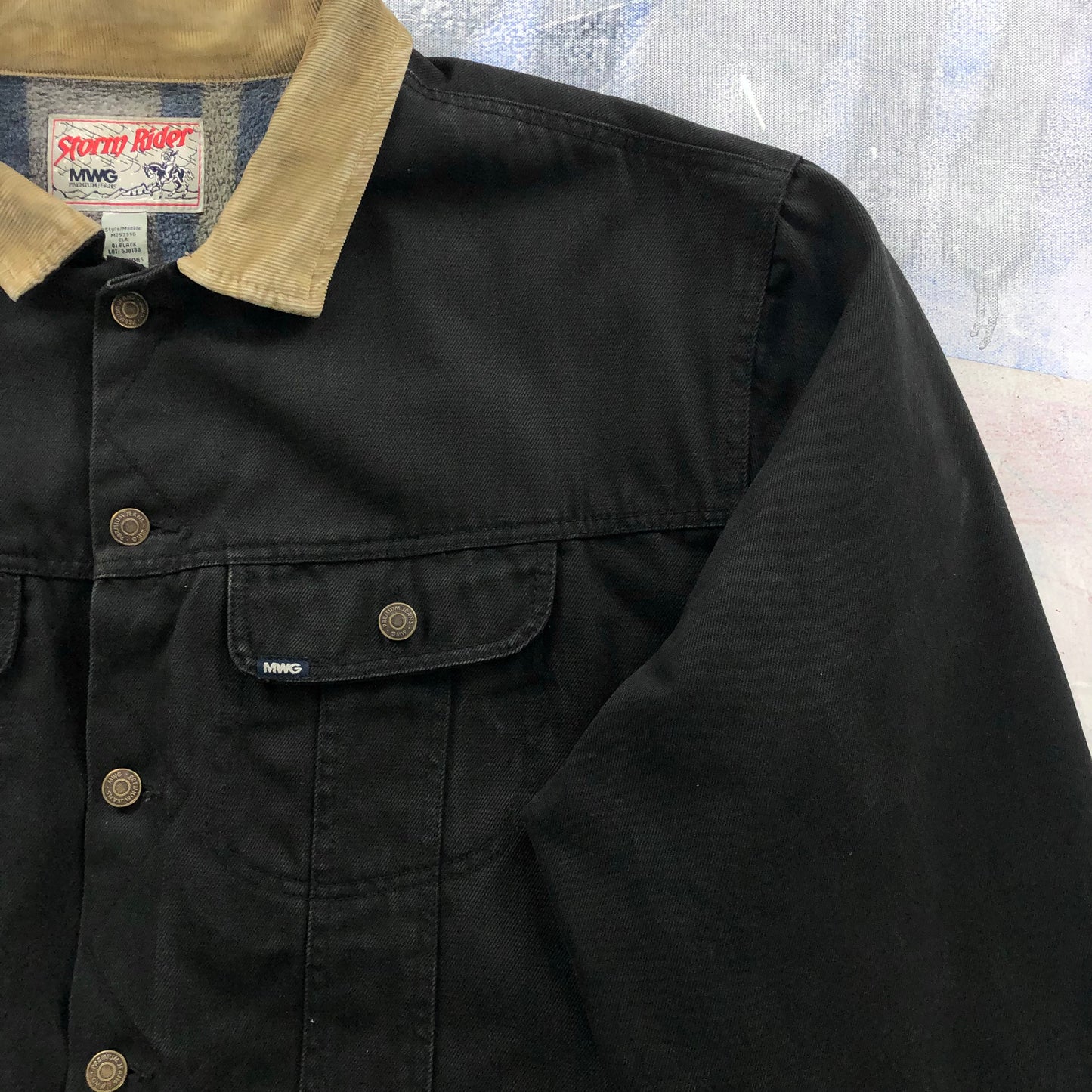 Vintage MWG Storm Rider Blanket Lined Custom Harley Davidson Eagle Patch Denim Button Jacket XXL