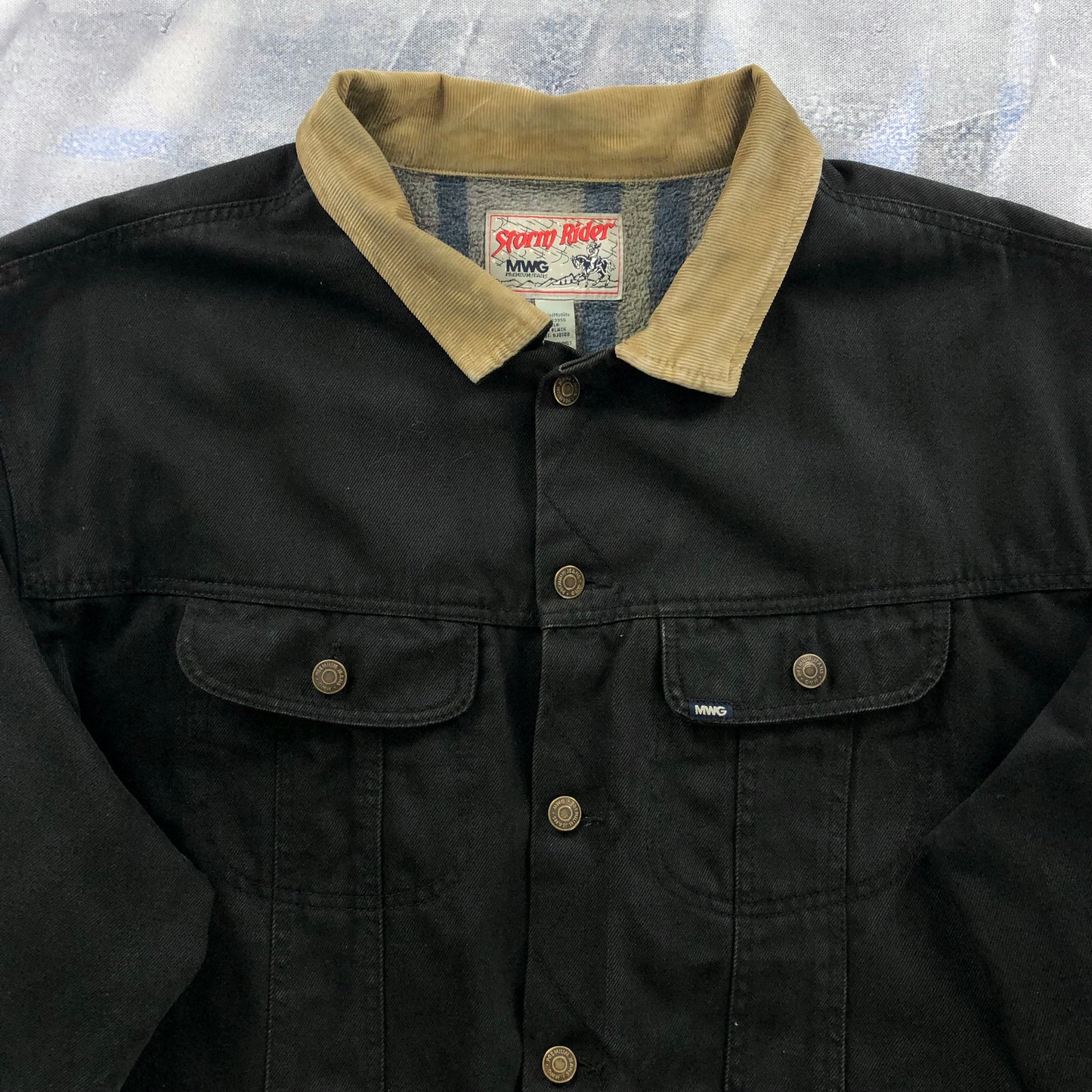 Vintage MWG Storm Rider Blanket Lined Custom Harley Davidson Eagle Patch Denim Button Jacket XXL