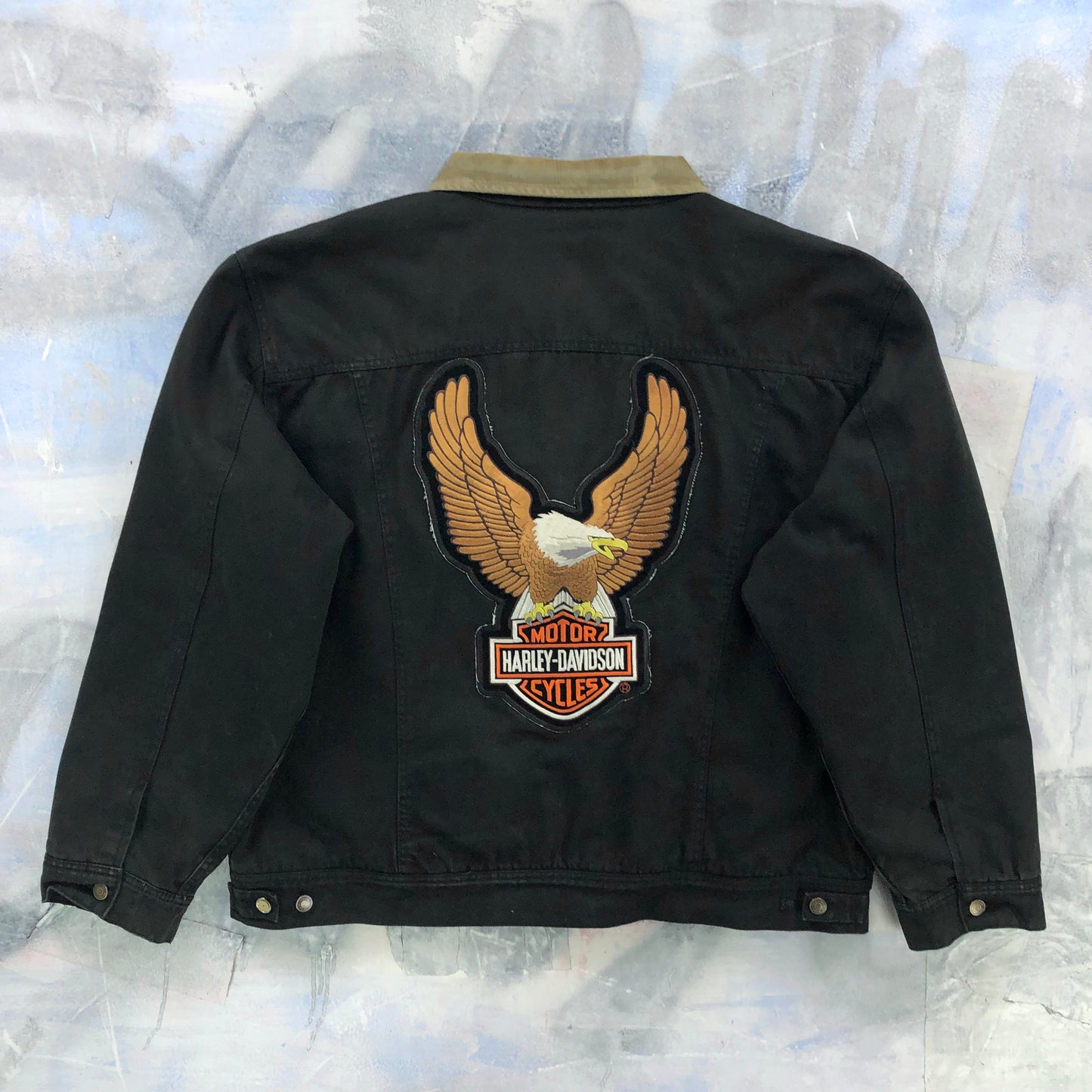 Vintage MWG Storm Rider Blanket Lined Custom Harley Davidson Eagle Patch Denim Button Jacket XXL