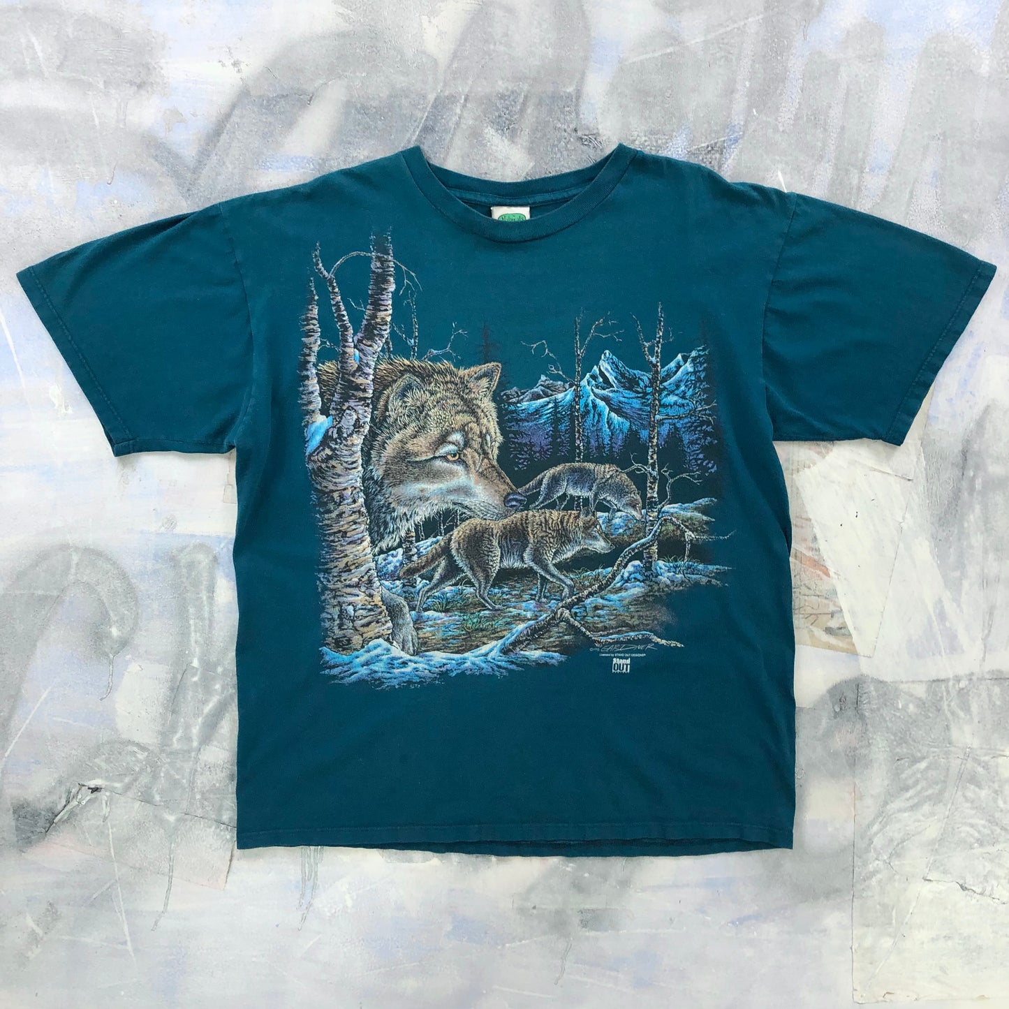 Vintage 90s Wolf Pack Nature Gardner Painting T Shirt XL