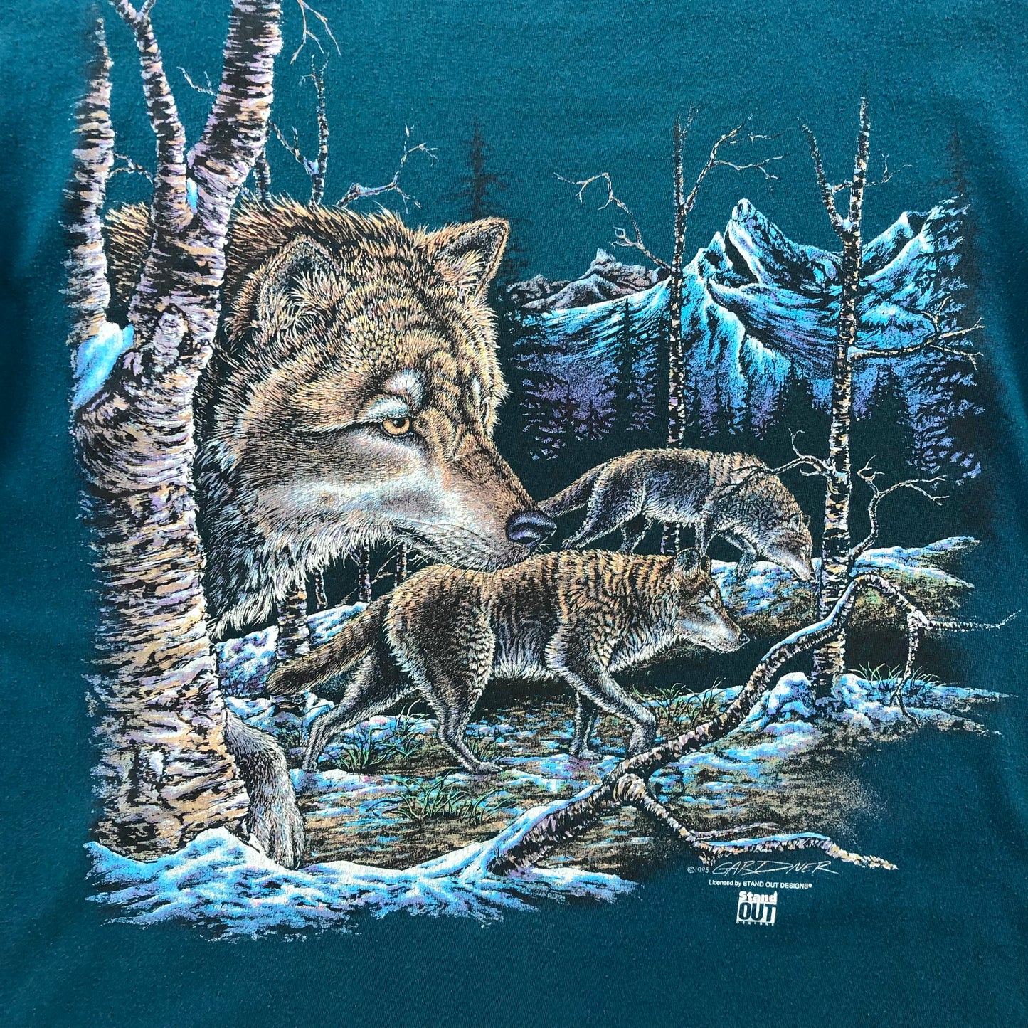 Vintage 90s Wolf Pack Nature Gardner Painting T Shirt XL