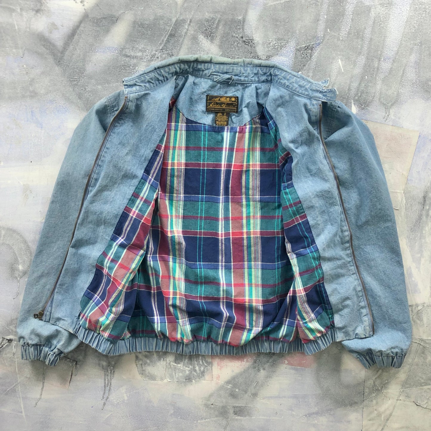 Vintage 80s Eddie Bauer Denim Plaid Lined Harrington Bomber Zip Jacket M