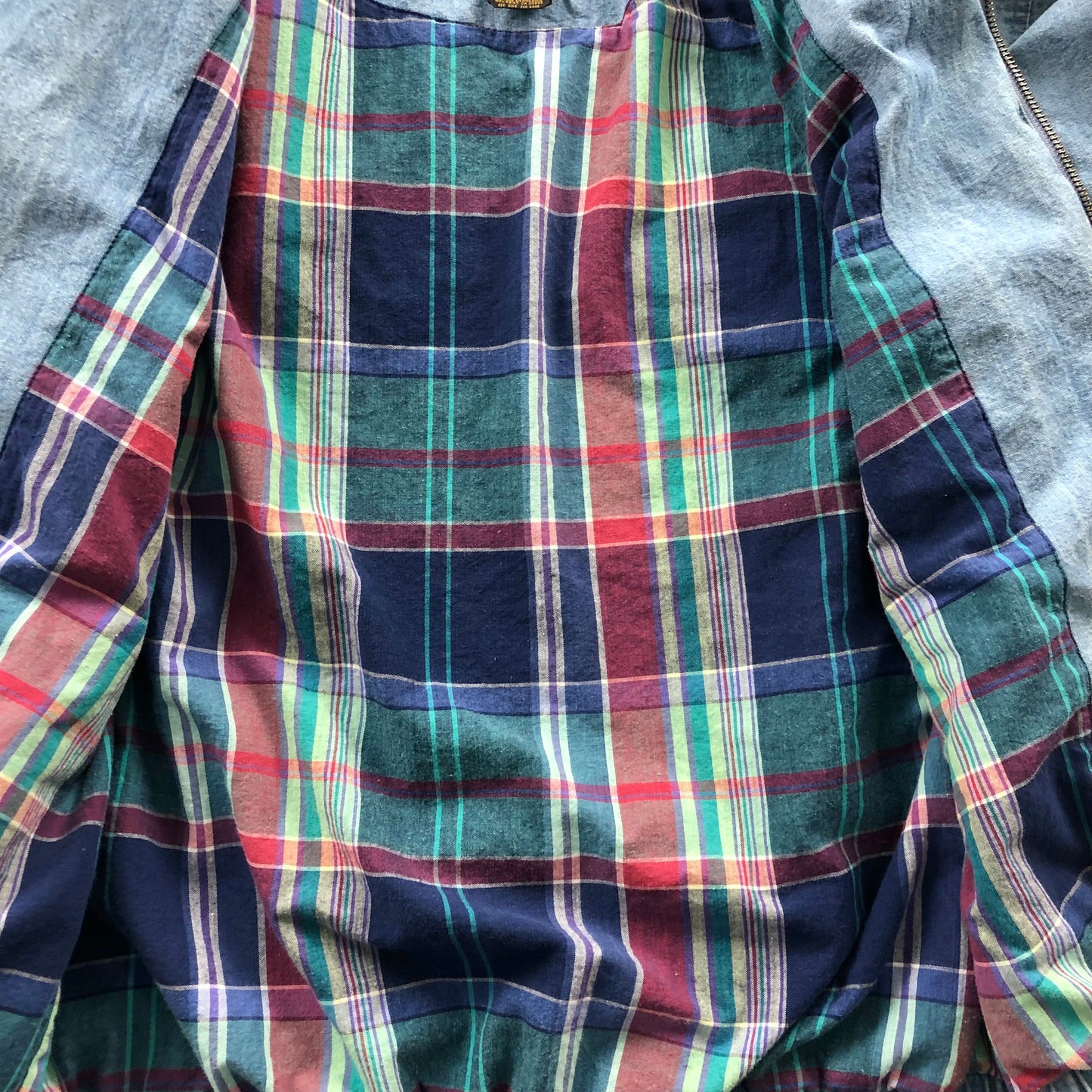 Vintage 80s Eddie Bauer Denim Plaid Lined Harrington Bomber Zip Jacket M