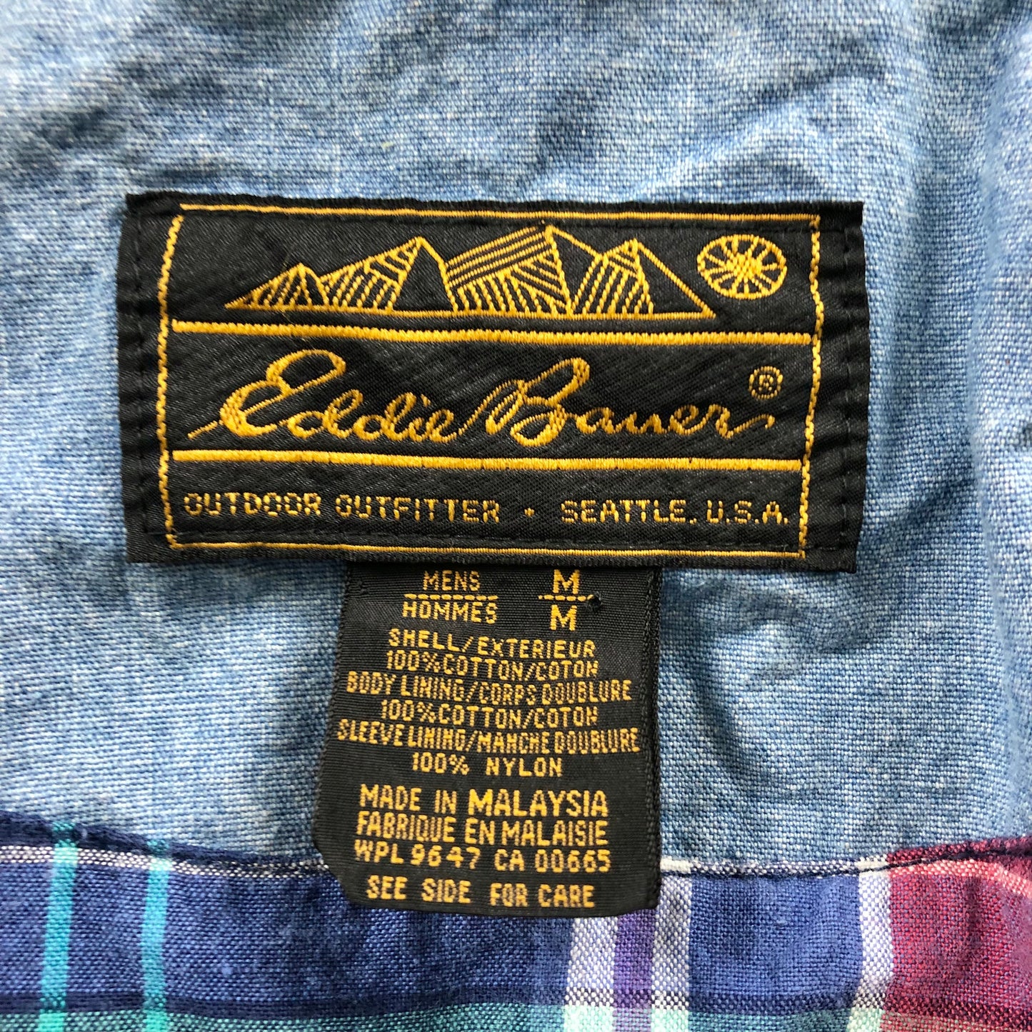 Vintage 80s Eddie Bauer Denim Plaid Lined Harrington Bomber Zip Jacket M