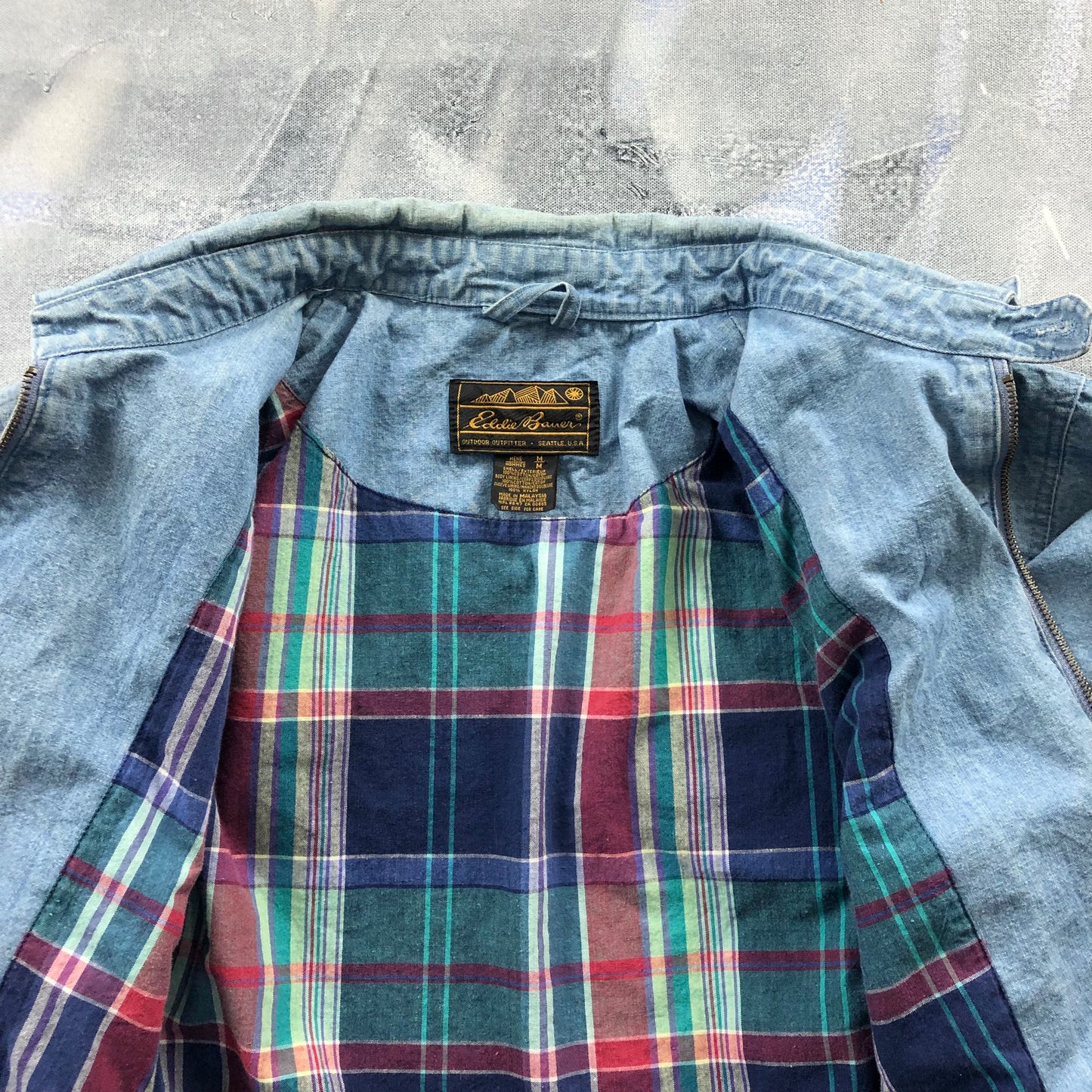 Vintage 80s Eddie Bauer Denim Plaid Lined Harrington Bomber Zip Jacket M