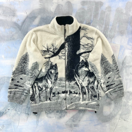 Vintage AOP Wolf Pack Full Zip Fleece Sweatshirt L