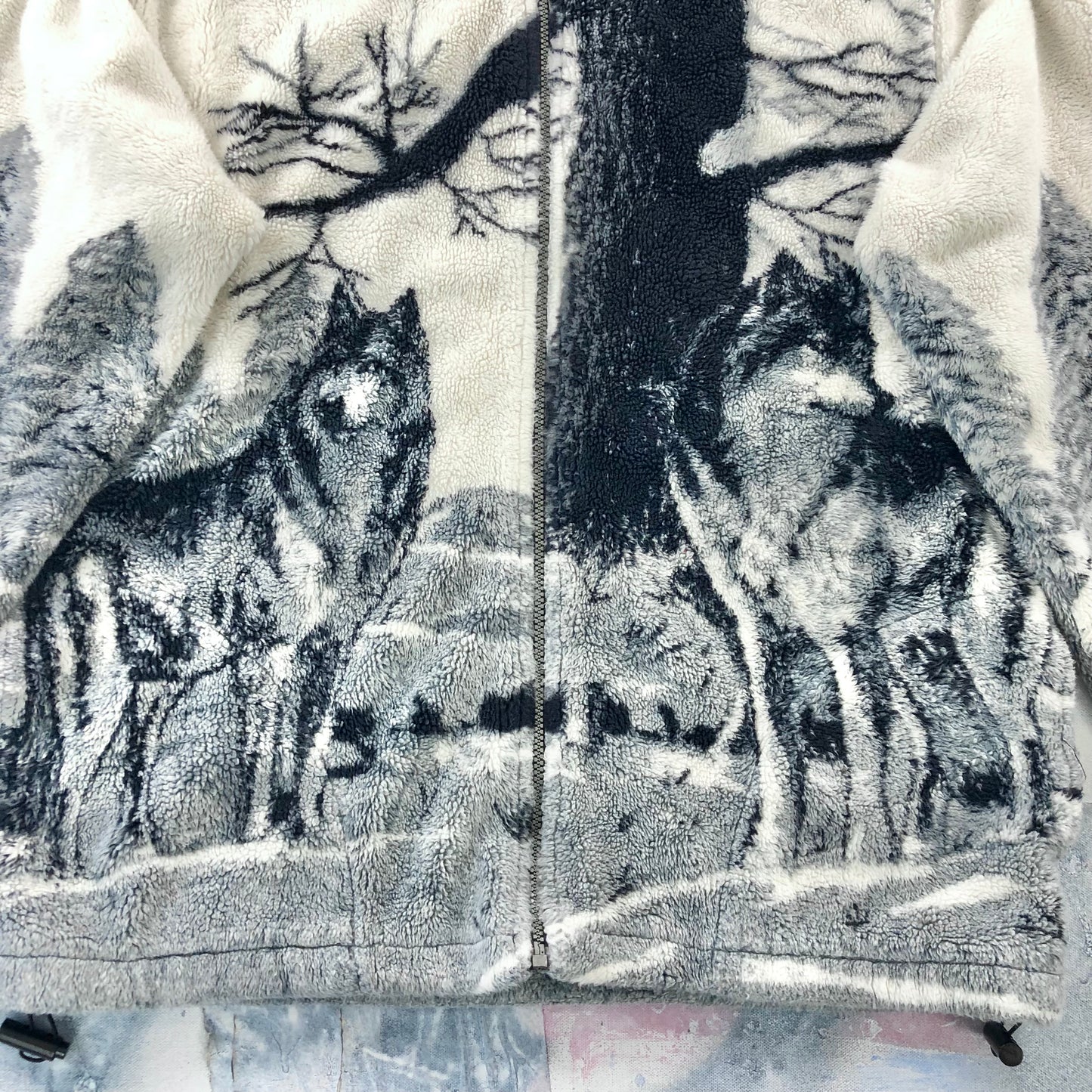 Vintage AOP Wolf Pack Full Zip Fleece Sweatshirt L