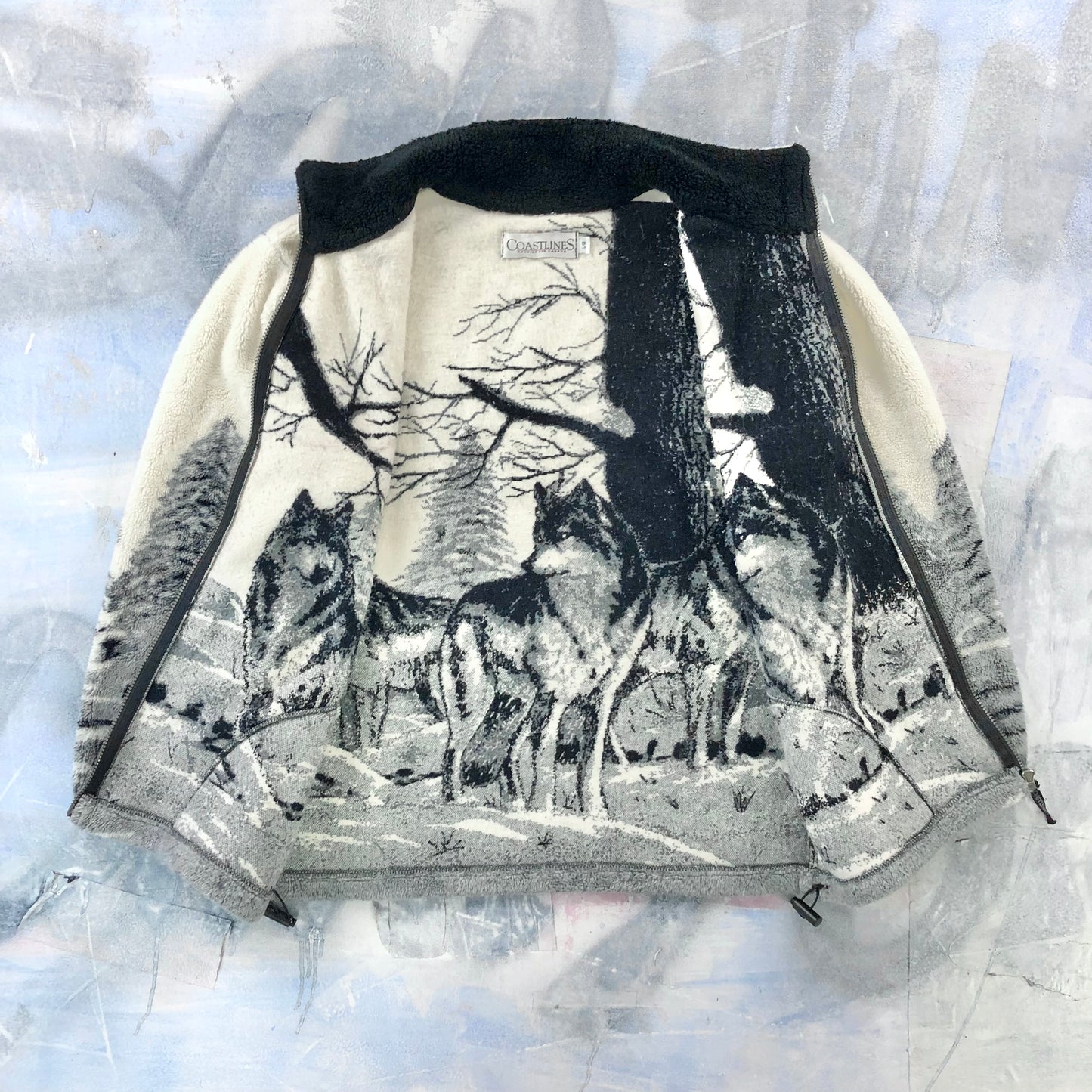 Vintage AOP Wolf Pack Full Zip Fleece Sweatshirt L