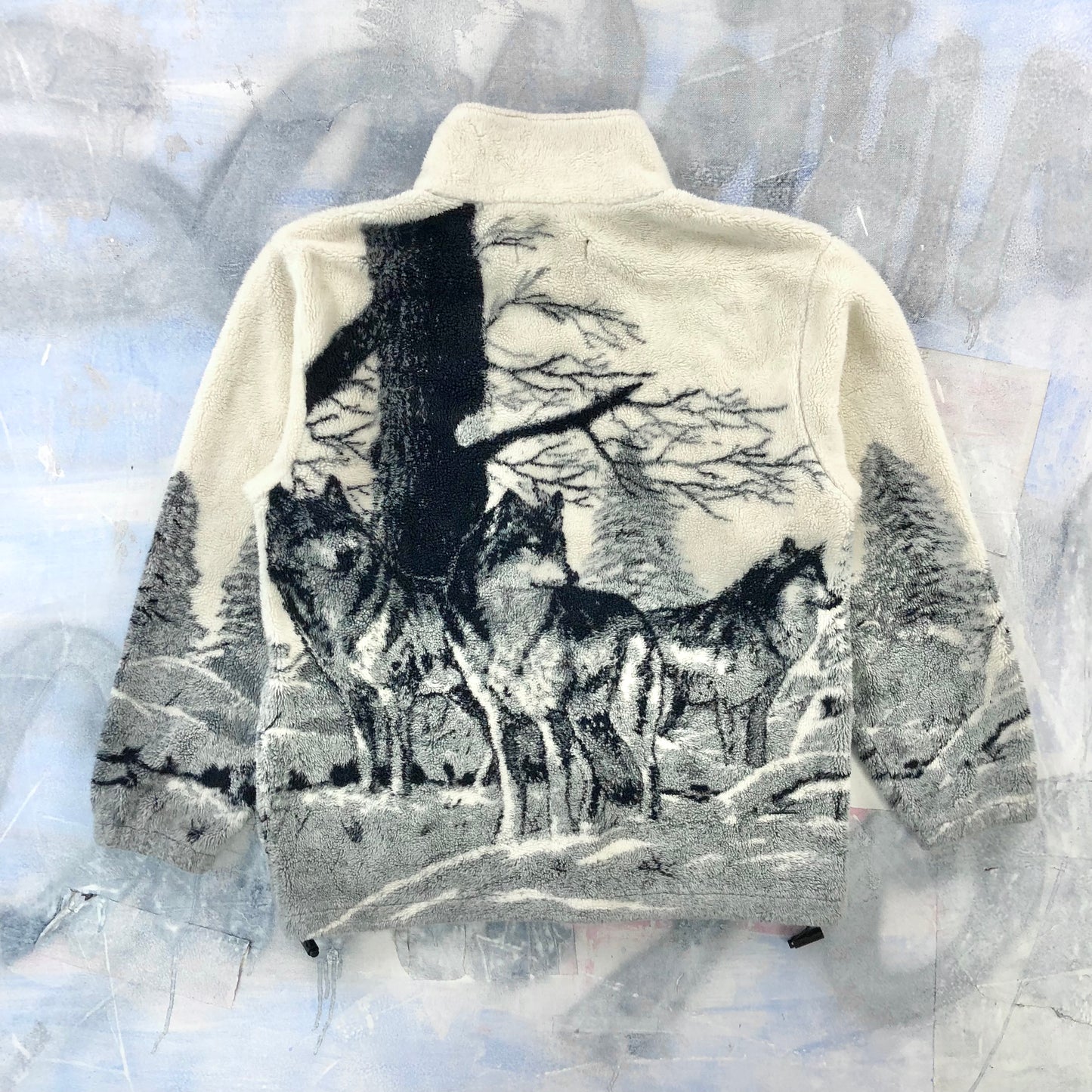 Vintage AOP Wolf Pack Full Zip Fleece Sweatshirt L