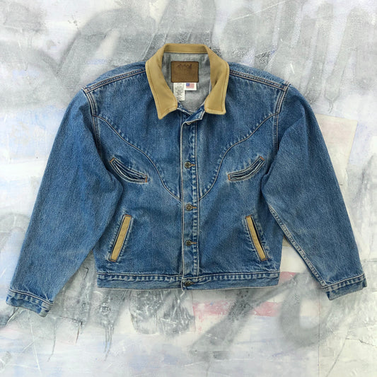 Vintage USA Schafer Outfitter Western Leather Collar Button Denim Jacket L