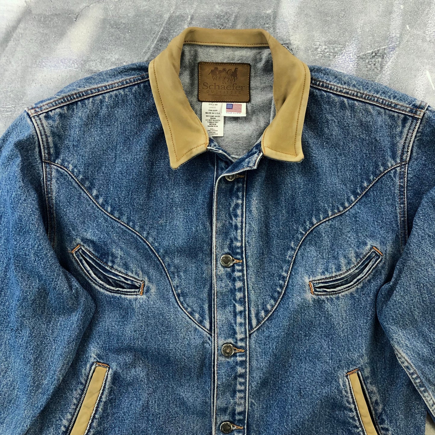 Vintage USA Schafer Outfitter Western Leather Collar Button Denim Jacket L