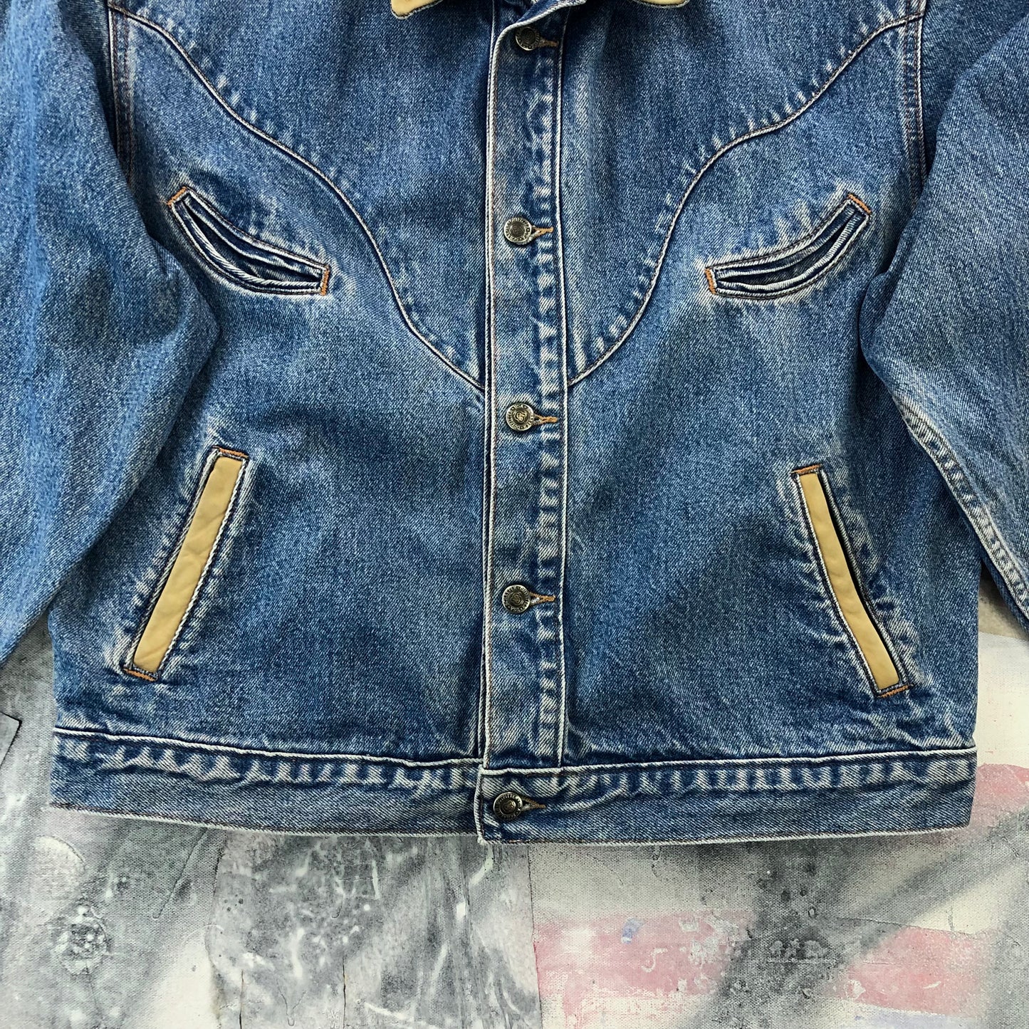 Vintage USA Schafer Outfitter Western Leather Collar Button Denim Jacket L