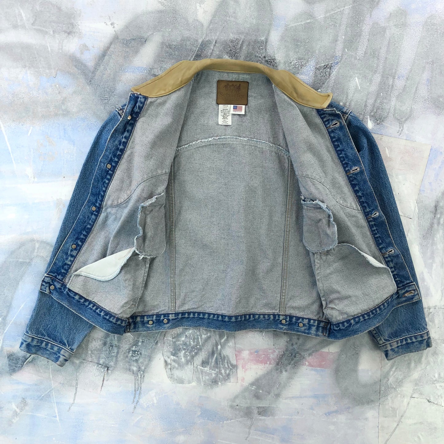 Vintage USA Schafer Outfitter Western Leather Collar Button Denim Jacket L