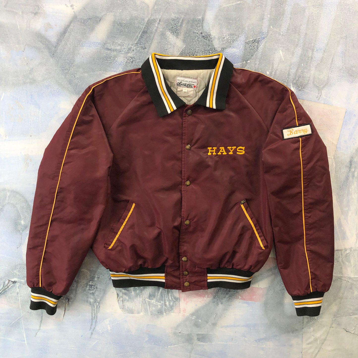 Vintage 80s Marv Holland Hays Custom Name Barry Quilted Lined Varsity Button Bomber Jacket L