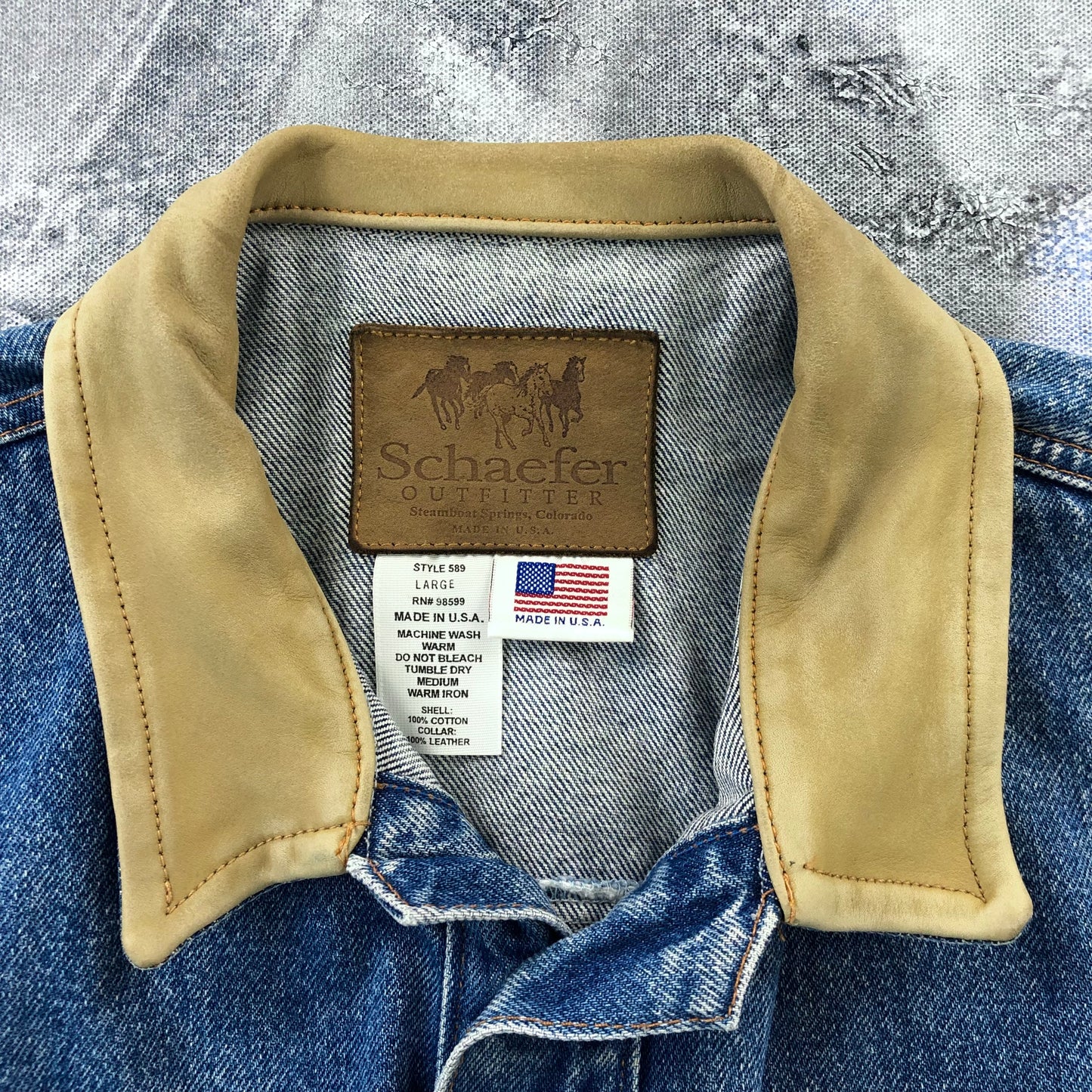 Vintage USA Schafer Outfitter Western Leather Collar Button Denim Jacket L