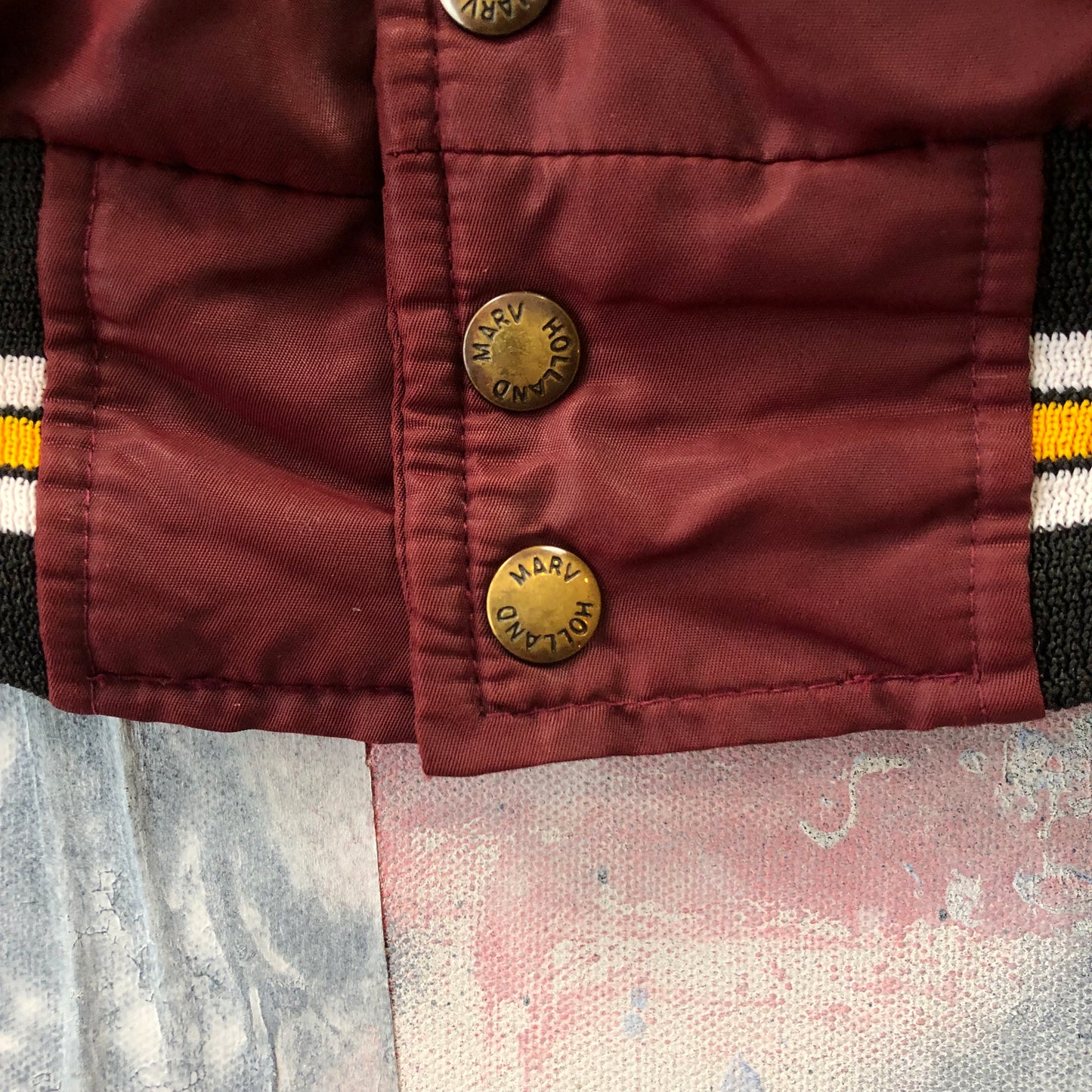 Vintage 80s Marv Holland Hays Custom Name Barry Quilted Lined Varsity Button Bomber Jacket L