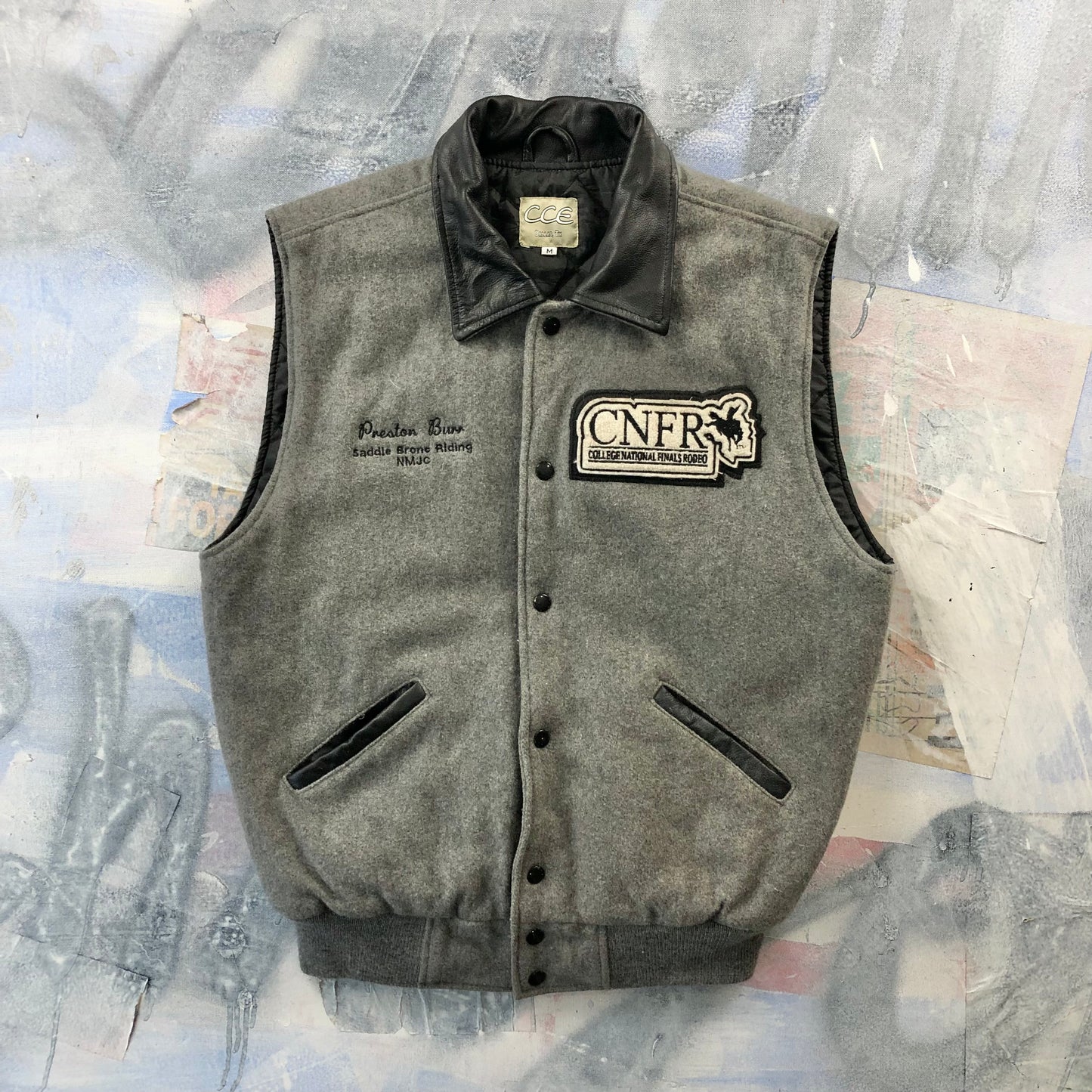 Vintage USA College National Finals Rodeo Leather Collar Quilted Lined Wool Button Vest M