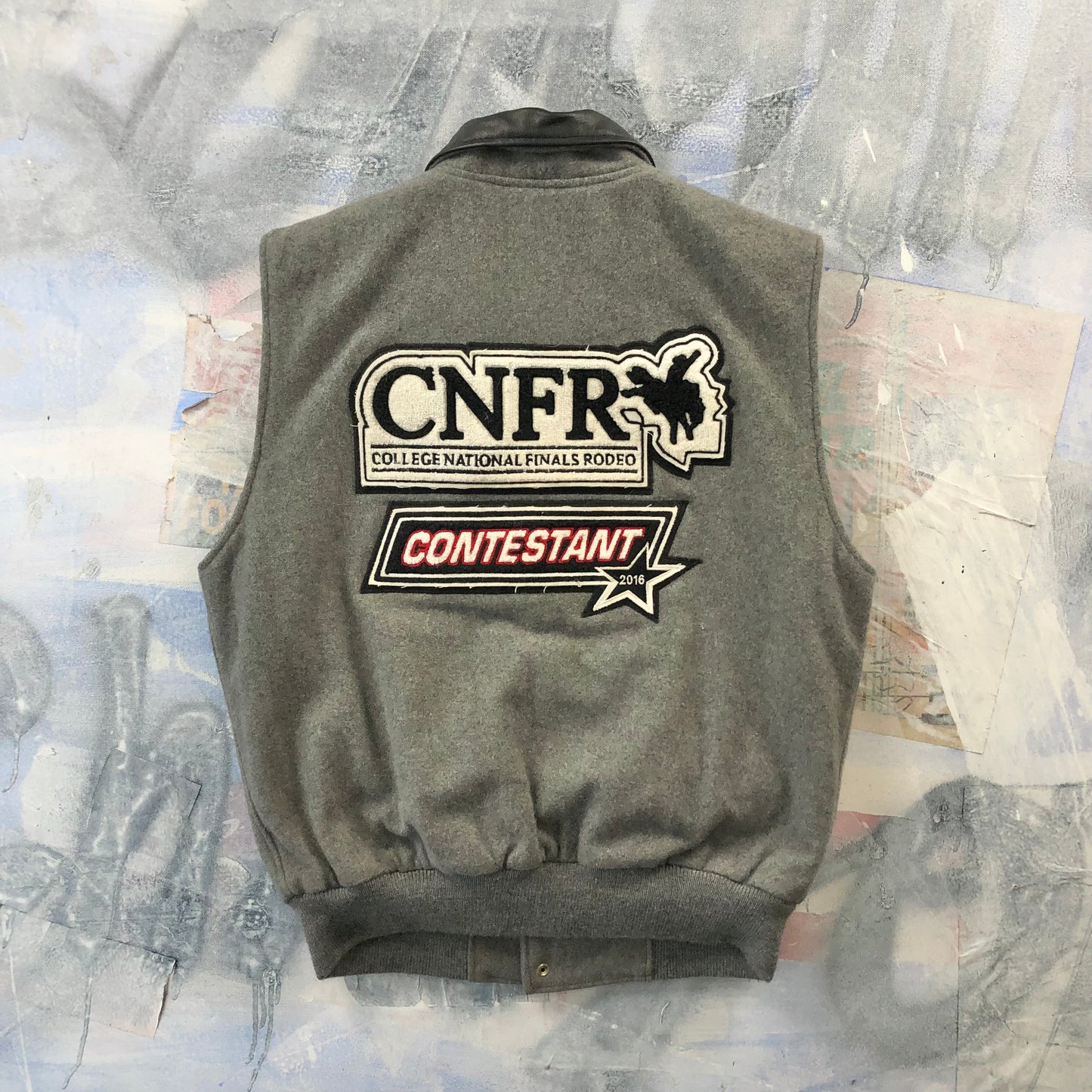 Vintage USA College National Finals Rodeo Leather Collar Quilted Lined Wool Button Vest M