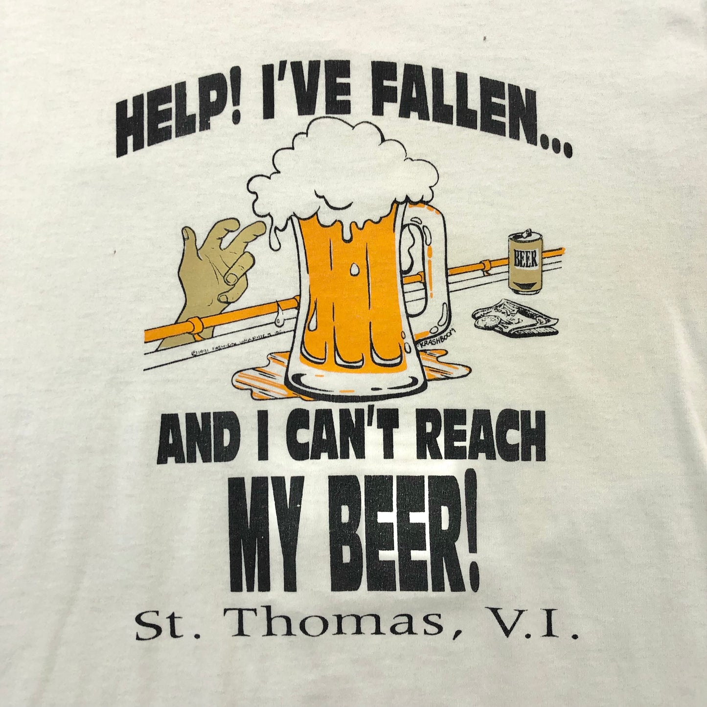 Vintage 90s USA Help I´ve Fallen And I Cant Reach My Beer Single Stitch T Shirt L