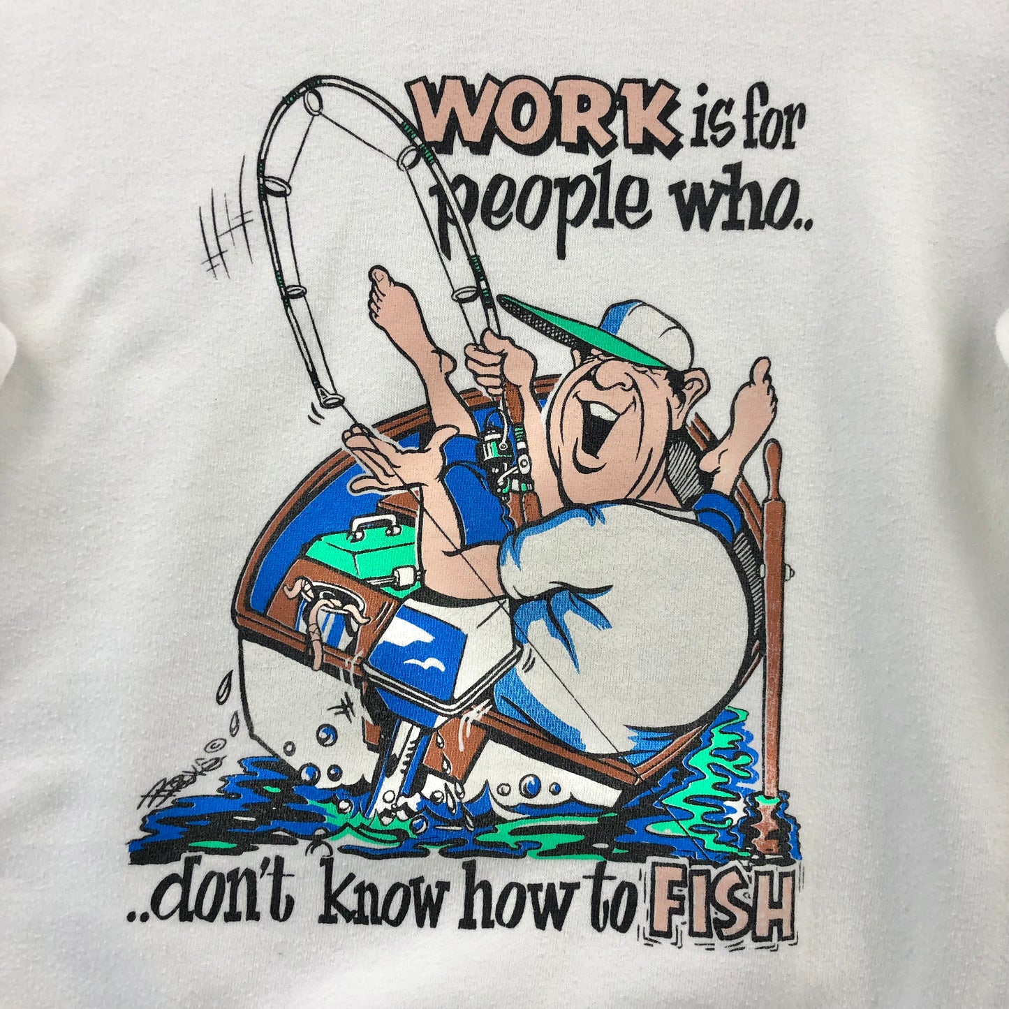 Vintage 90s USA Work Is For People Who Dont Know How To Fish Crewneck Sweatshirt XL