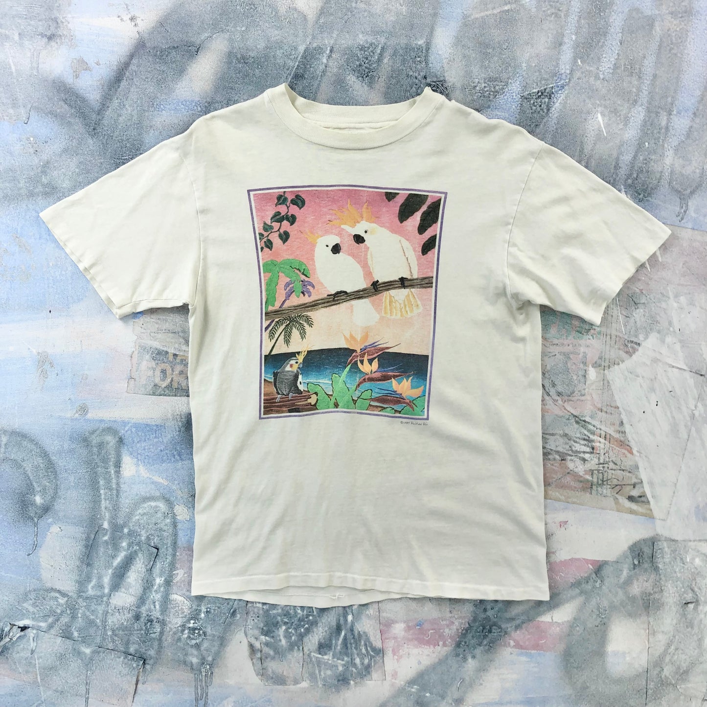 Vintage 80s Raul Del Rio Cockatoos Art Single Stitch T Shirt M