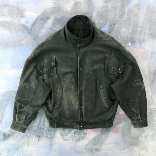 Vintage French Bomber Button Leather Jacket L