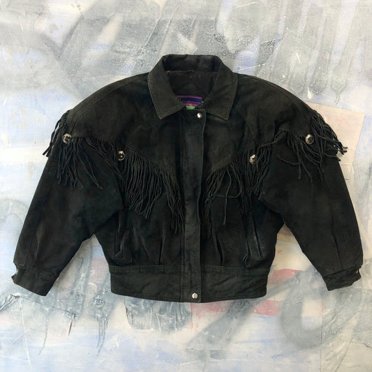 Vintage Western Hemingway Shoulder Padded Fringe Leather Bomber Zip Button Jacket L (Womens)