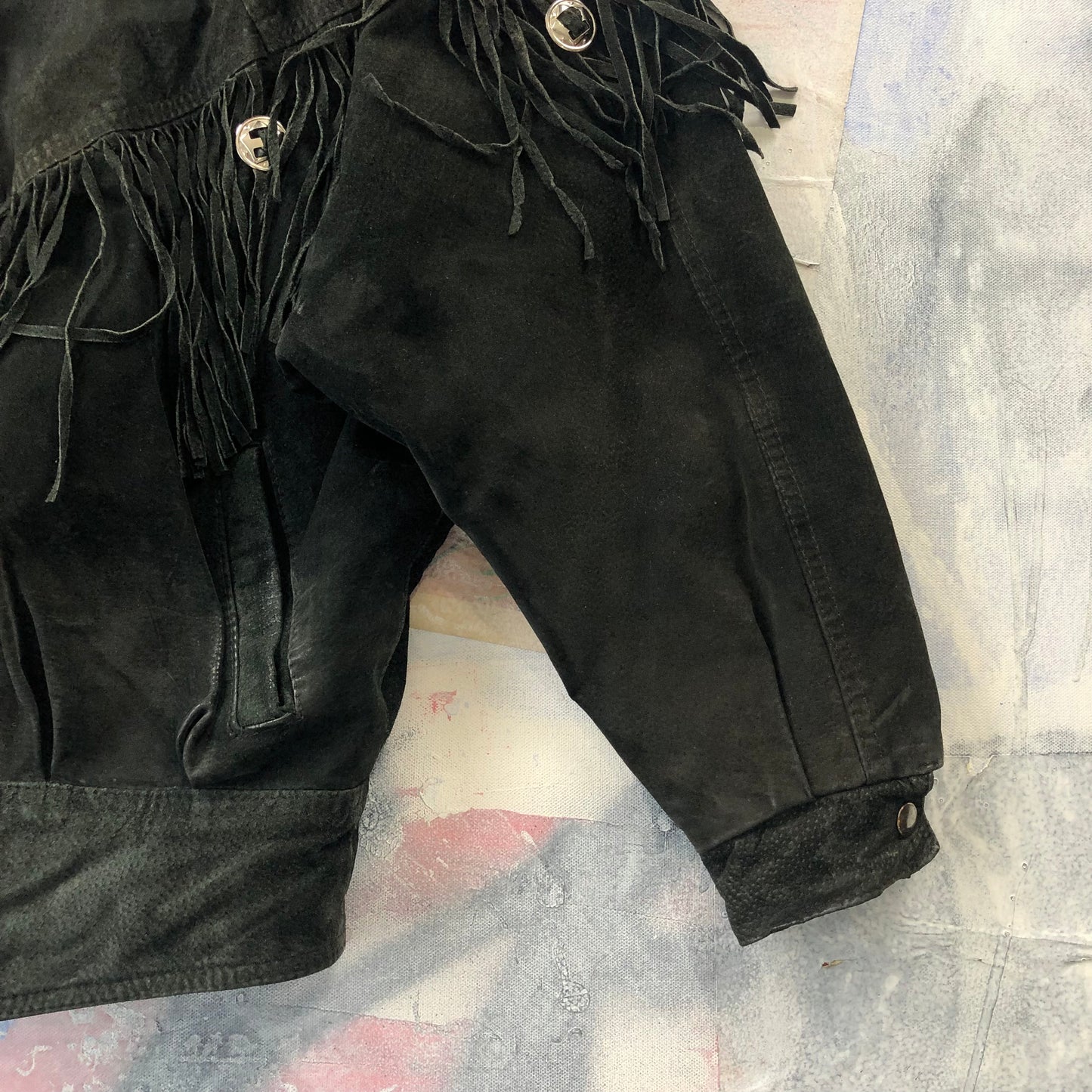 Vintage Western Hemingway Shoulder Padded Fringe Leather Bomber Zip Button Jacket M (Womens)