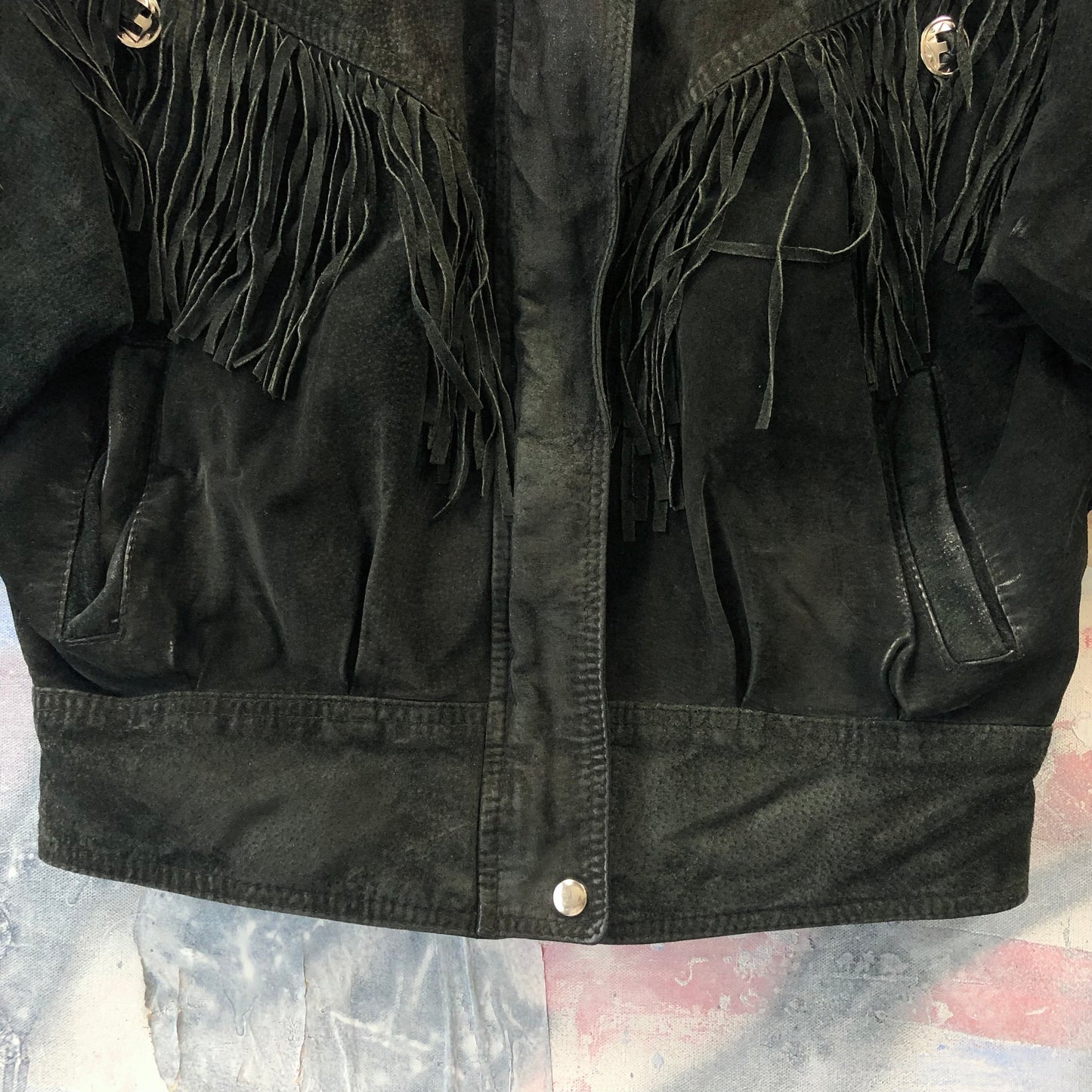 Vintage Western Hemingway Shoulder Padded Fringe Leather Bomber Zip Button Jacket M (Womens)