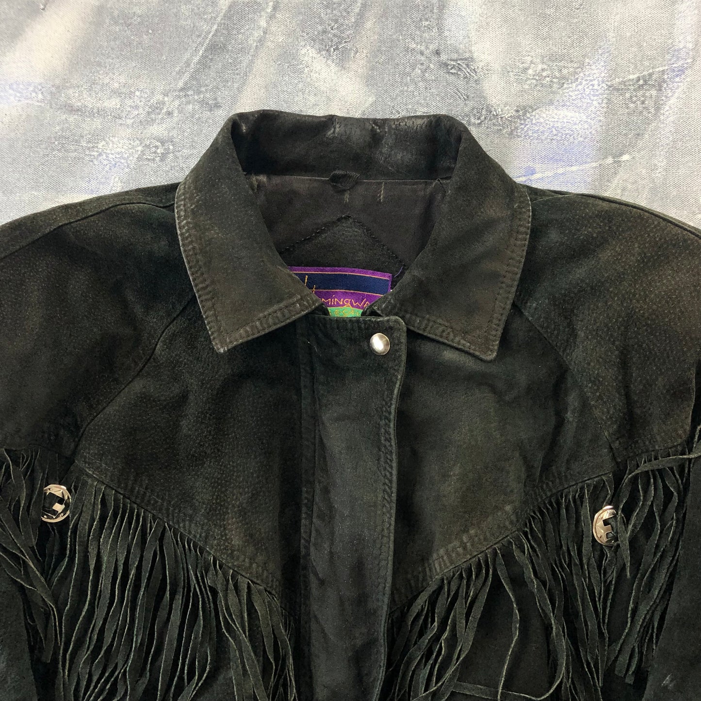 Vintage Western Hemingway Shoulder Padded Fringe Leather Bomber Zip Button Jacket M (Womens)