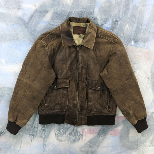 Vintage 80s Aberdeen European Map Lined Aviator Leather Bomber Zip Jacket M