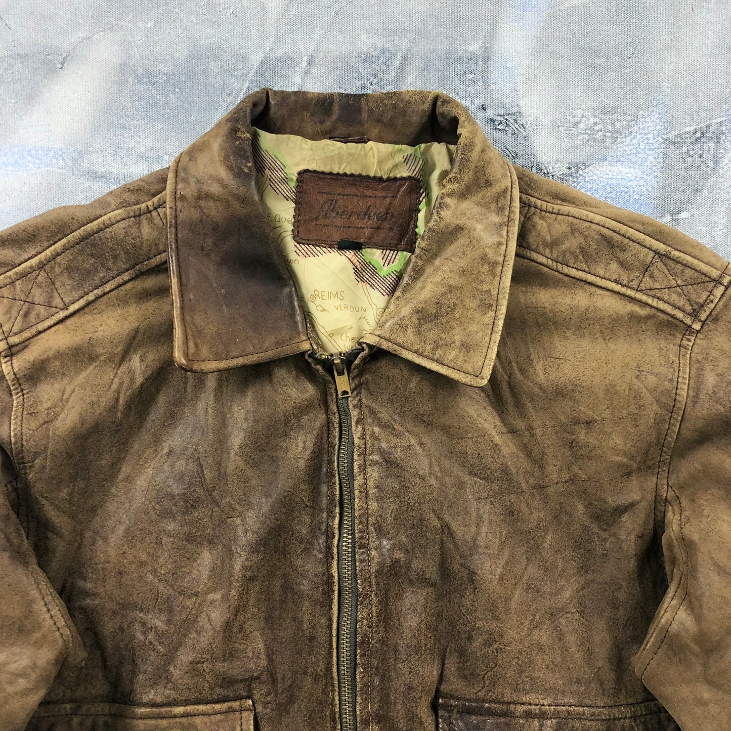 Vintage 80s Aberdeen European Map Lined Aviator Leather Bomber Zip Jacket M