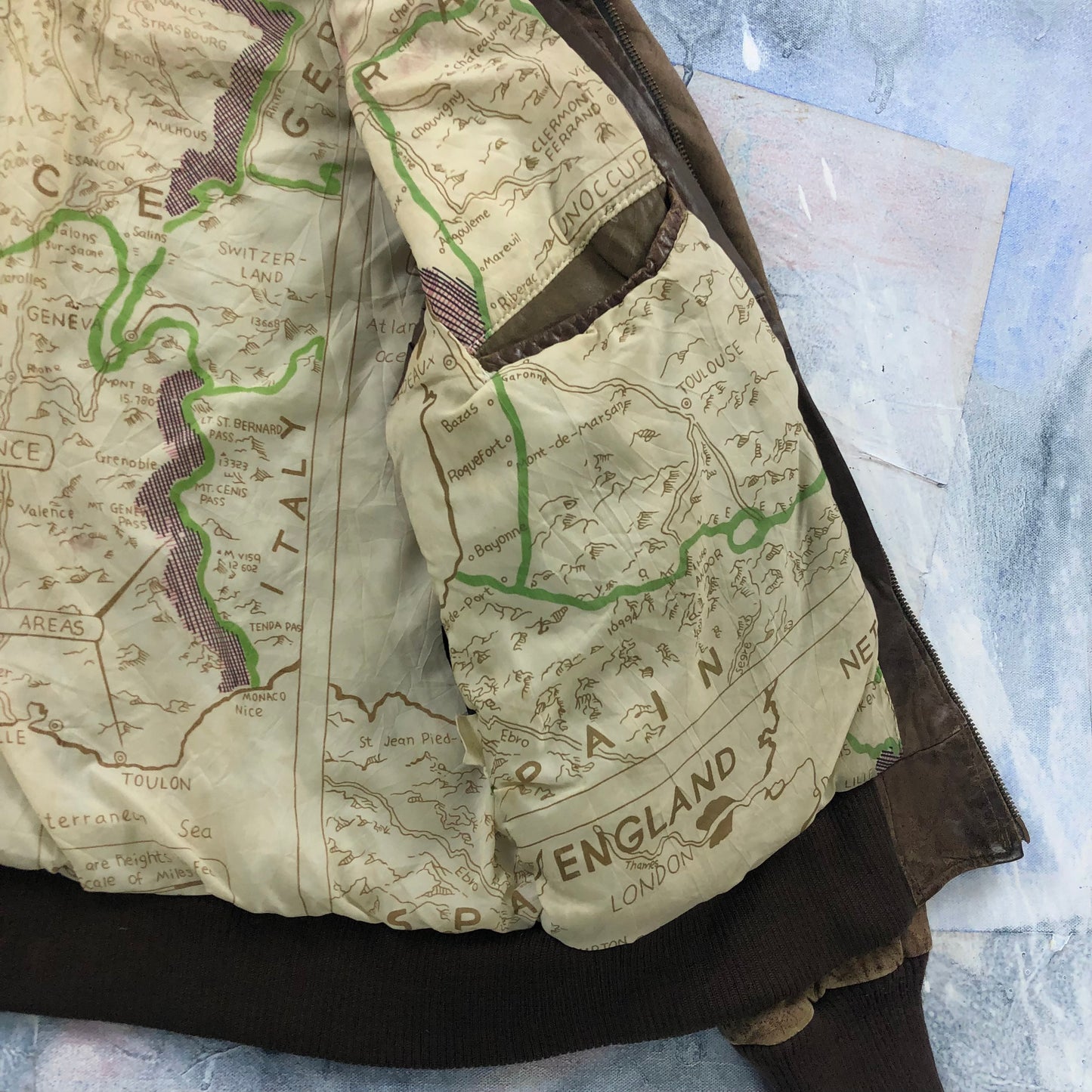 Vintage 80s Aberdeen European Map Lined Aviator Leather Bomber Zip Jacket M