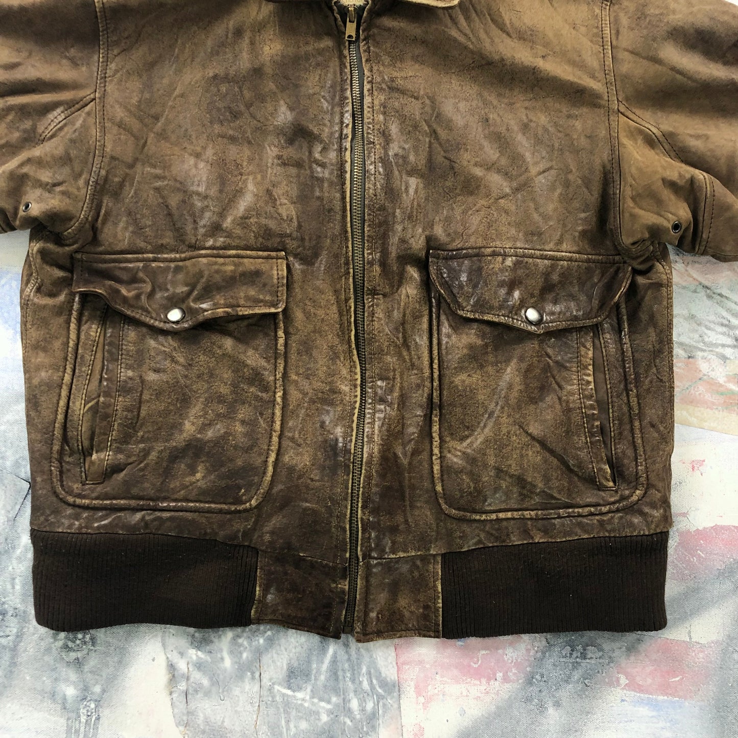 Vintage 80s Aberdeen European Map Lined Aviator Leather Bomber Zip Jacket M