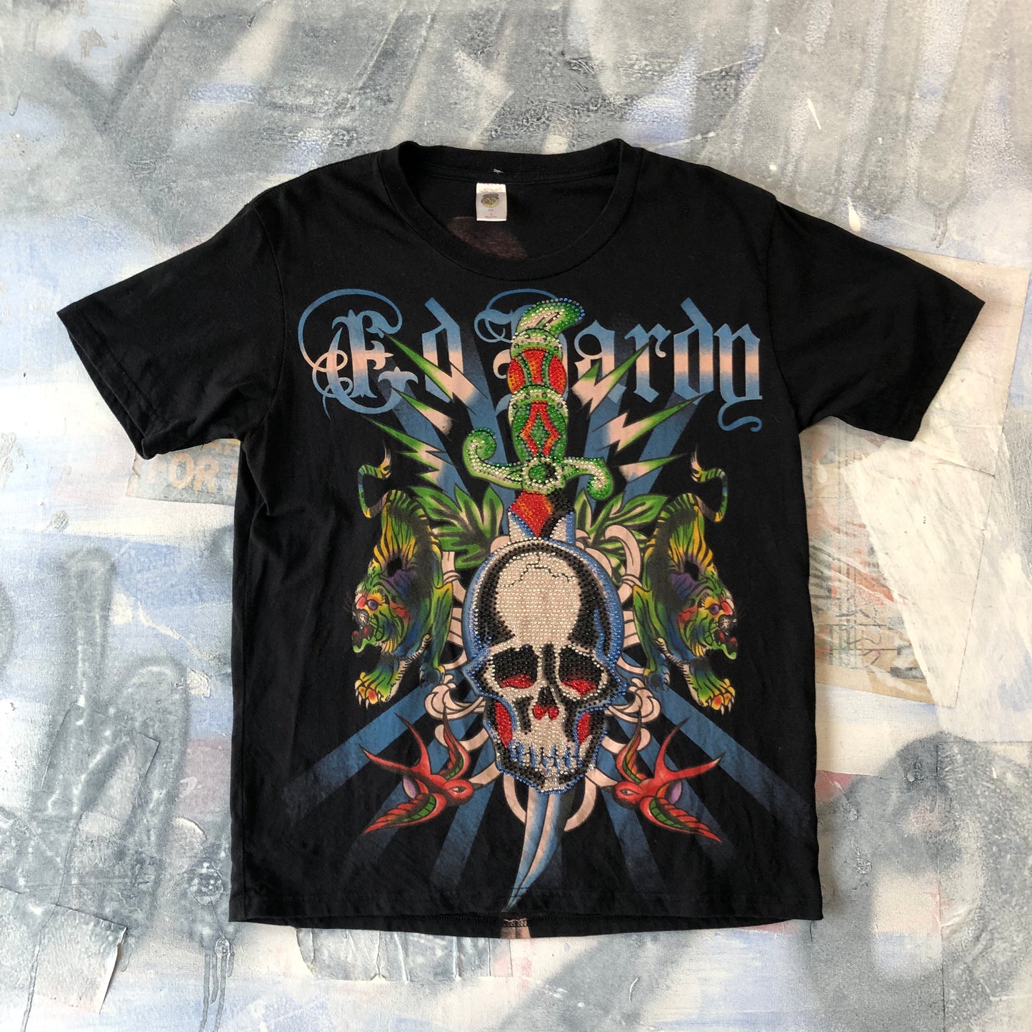 Ed Hardy By Christian Audigier Retro Rhinstone T Shirt L