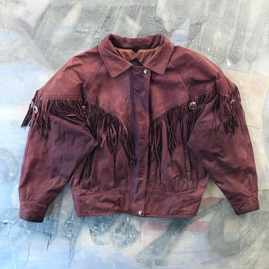 Vintage Western Hemingway Shoulder Padded Fringe Leather Bomber Zip Button Jacket L (Womens)