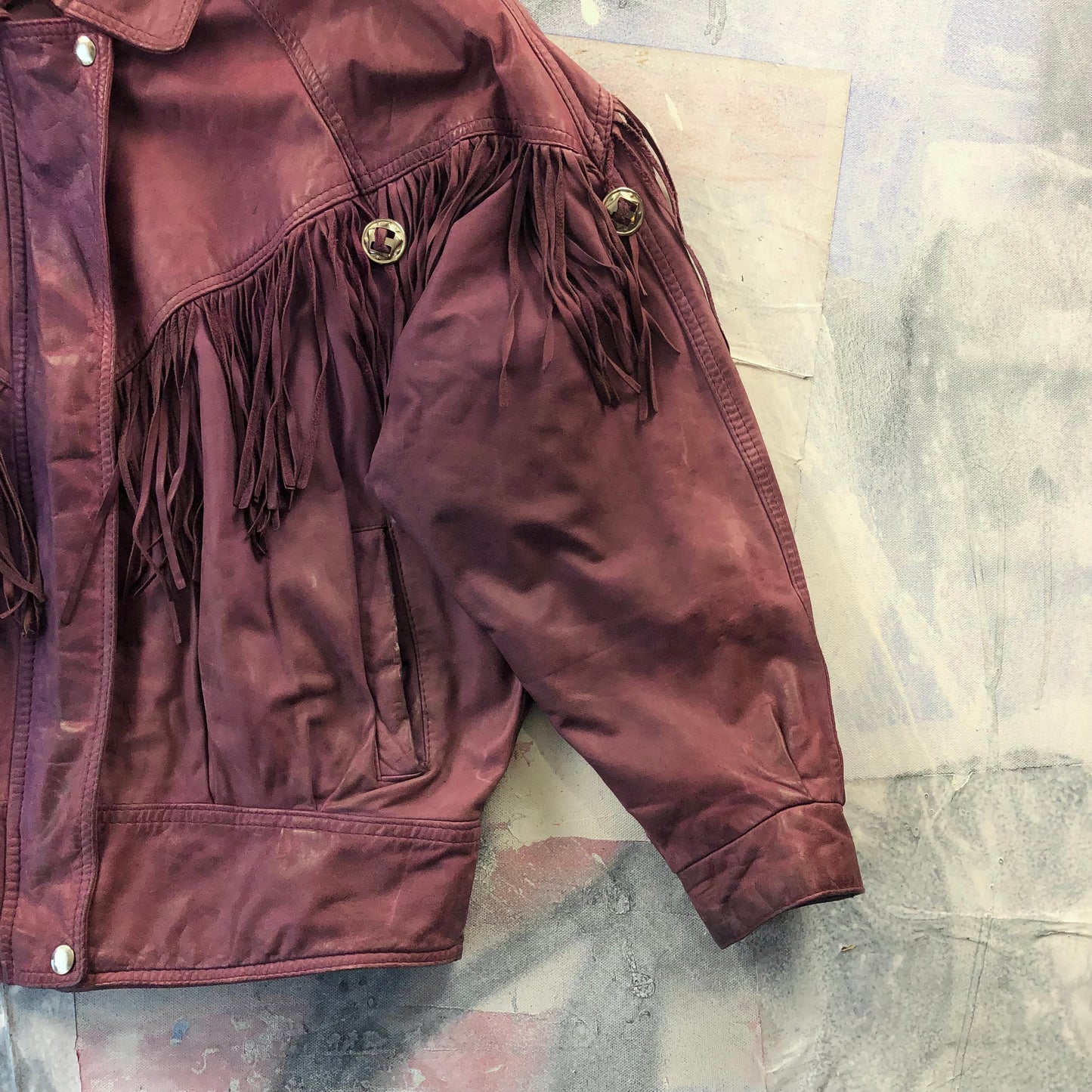 Vintage Western Hemingway Shoulder Padded Fringe Leather Bomber Zip Button Jacket L (Womens)