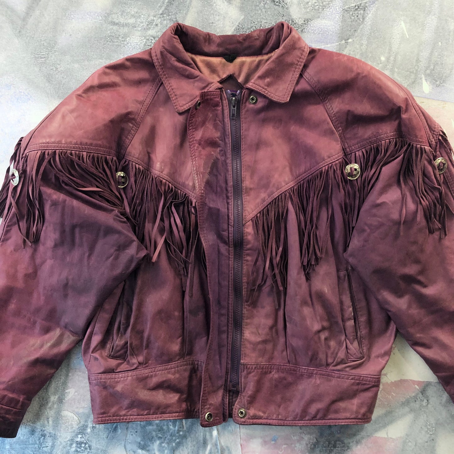 Vintage Western Hemingway Shoulder Padded Fringe Leather Bomber Zip Button Jacket L (Womens)