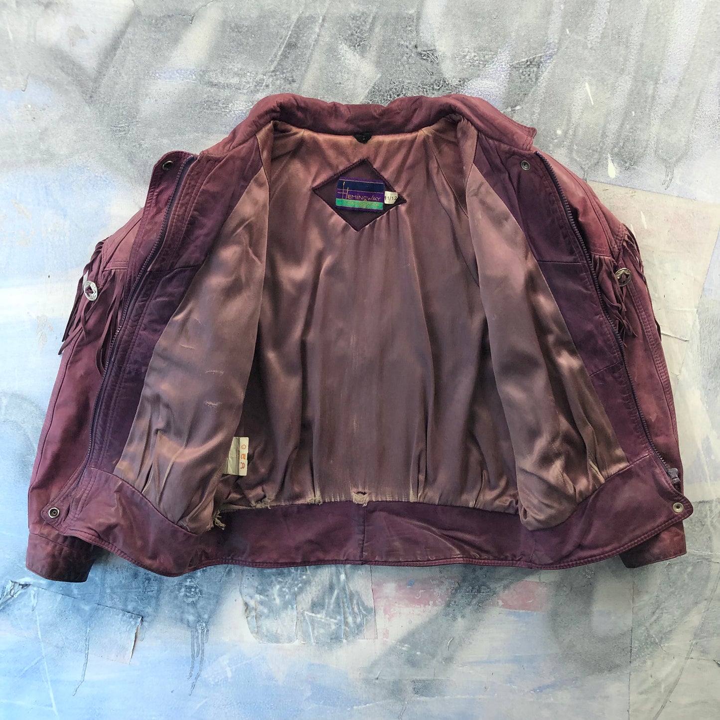 Vintage Western Hemingway Shoulder Padded Fringe Leather Bomber Zip Button Jacket L (Womens)