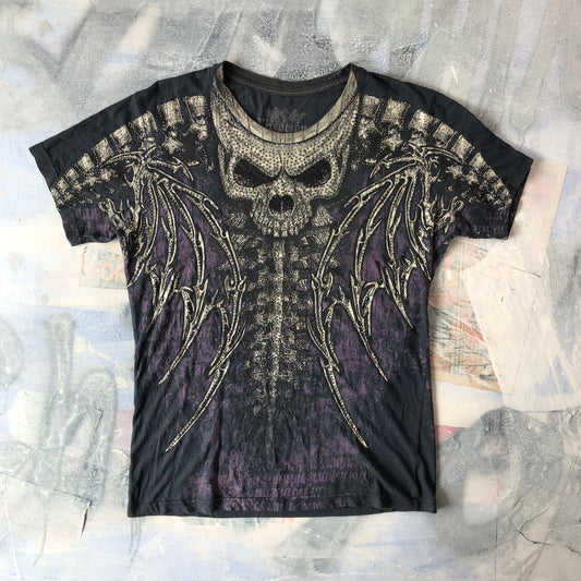 Vintage USA Victorious Rhinestone Skull Wings T Shirt L