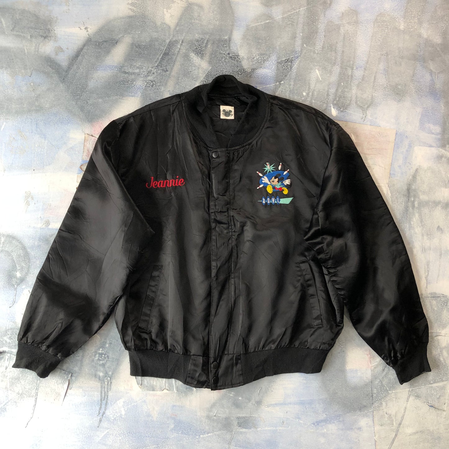 The Disney Catalog Mickeys Bowl A Rama Custom Stitch Satin Bomber Zip Jacket M